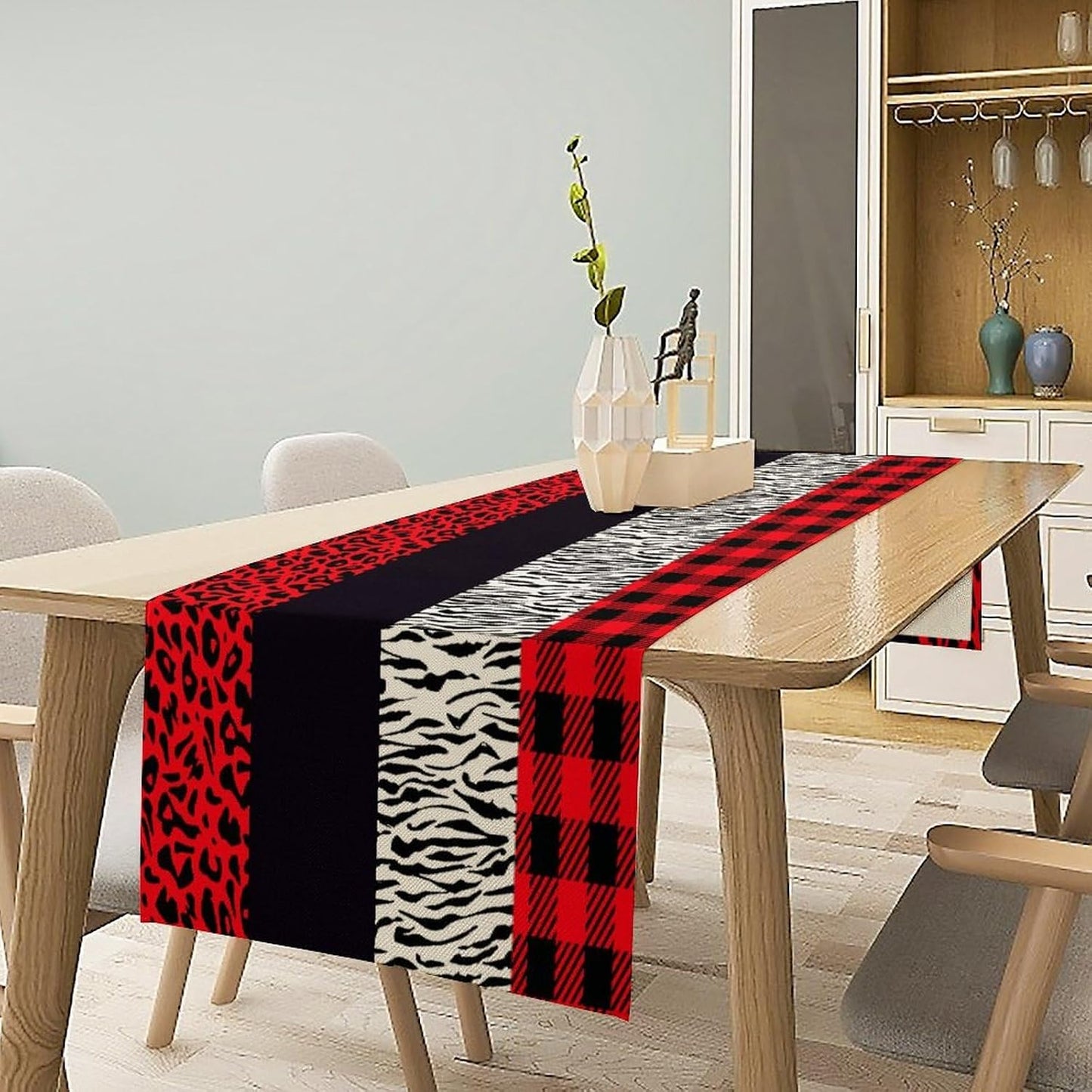 Leopard Print Table Runner Red Black Zebra Stripe Cheetah Print African Wildlife Pattern Geometric Splice Pattern