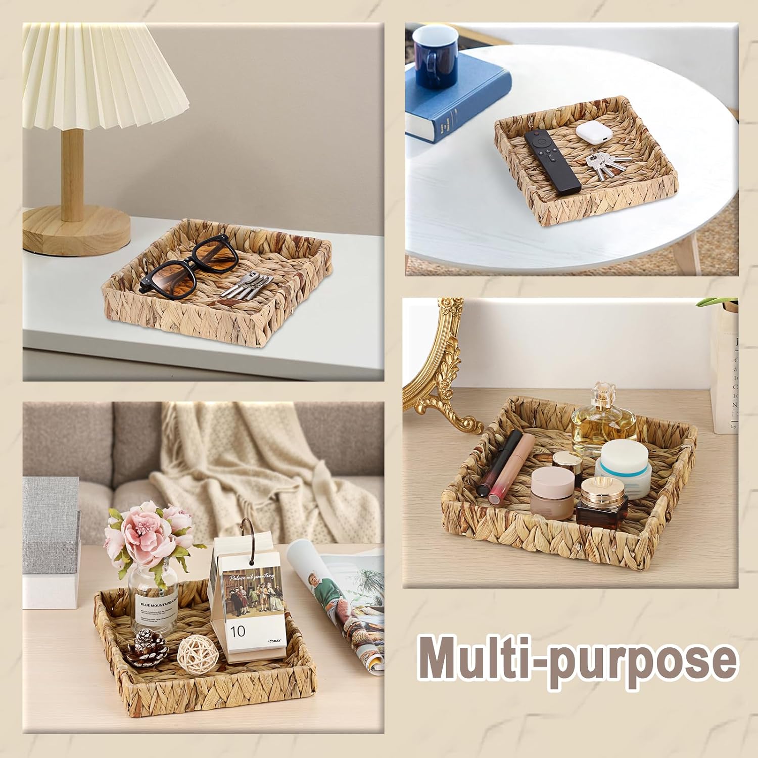 Natural Water Hyacinth Tray Handwoven Wicker Basket Tray / Natural Color / 2 x 8.7 x 8.7