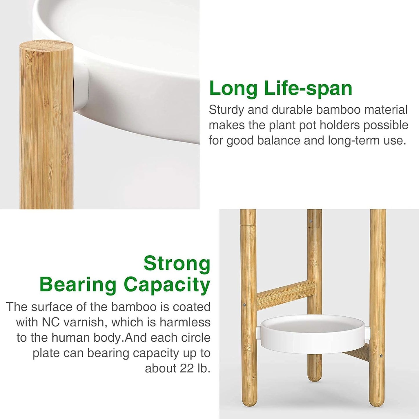 Wisuce Bamboo Plant Stand Indoor, 3 Tier Tall Corner Plant Shelf Table | Easy-Clean Steel Top | Smooth Bamboo | Narrow