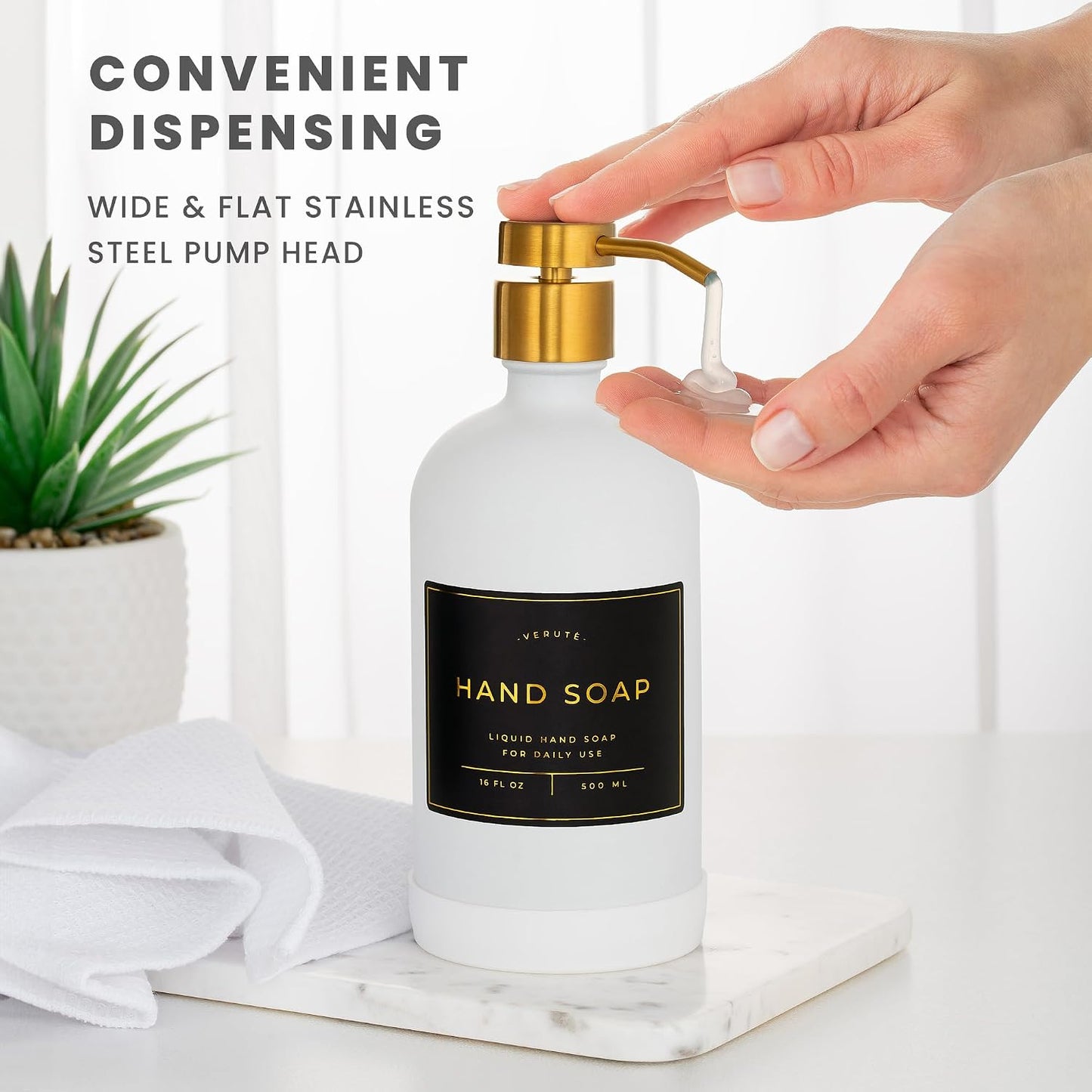 Hand and Dish Soap Dispenser for Kitchen and Bathroom, Set of 2 16 Oz Glass Bottles, Stainless Steel Pumps, Non-Slip