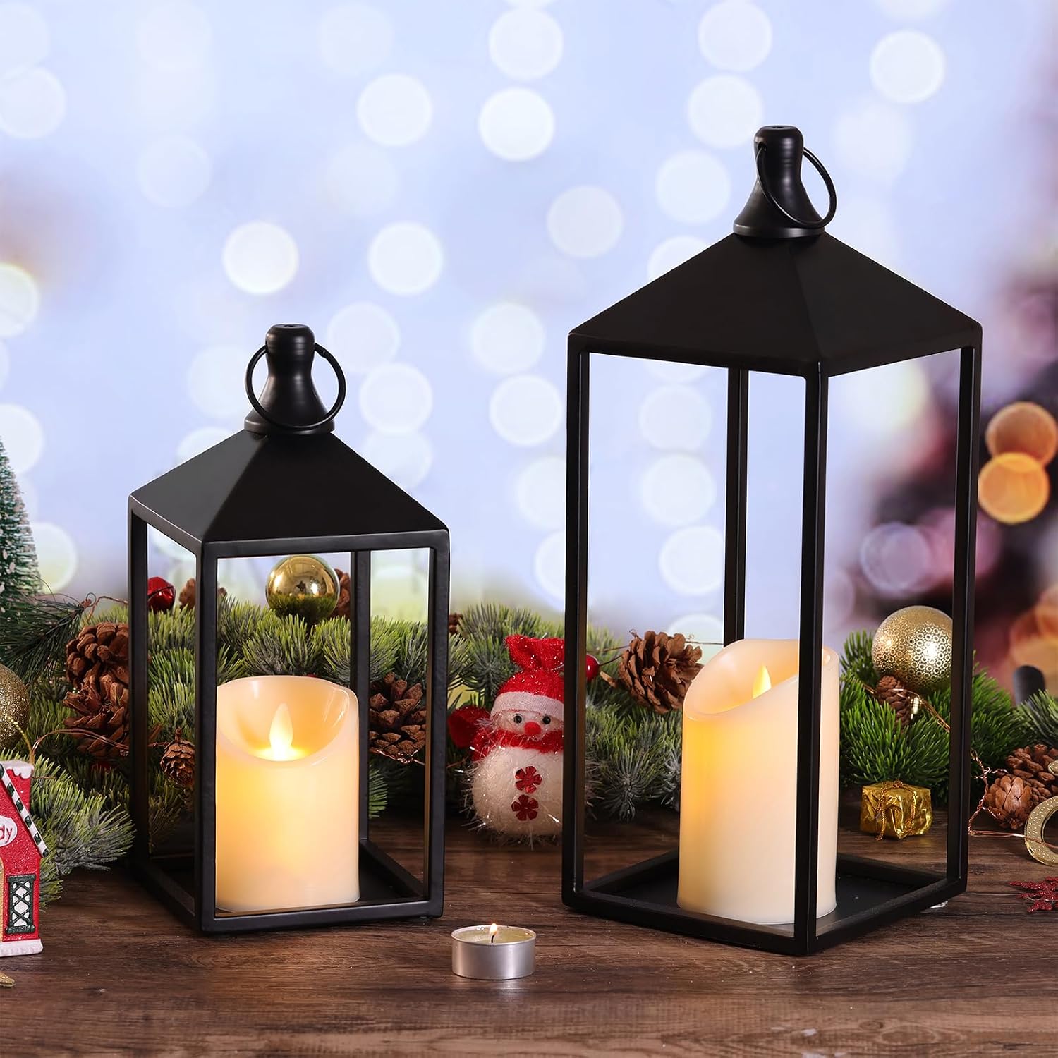 2 Pcs Black Decorative Metal Lanterns Farmhouse Lantern Decor with Candles | 15" 11" Outdoor Candle Lanterns for