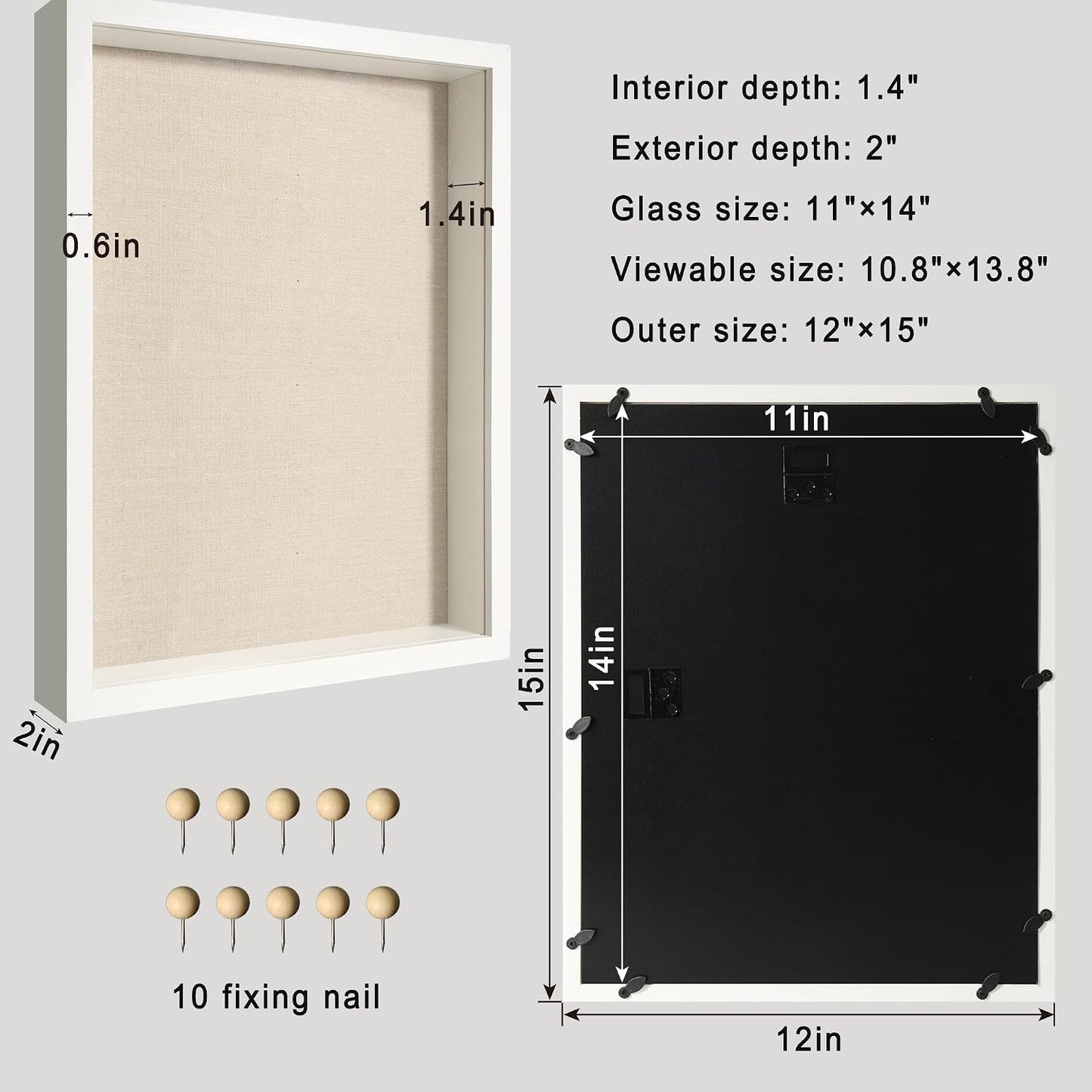 11x14 Shadow Box Display Case with Tempered Glass, White Wooden Large Memory Shadow Box Frame with Soft Linen Back