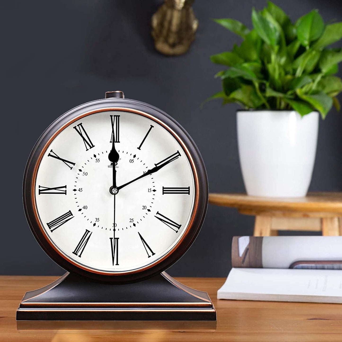 Silent Vintage Farmhouse Mantel Clock for Living Room 10-inch | Desk Clock Battery Operated for Table