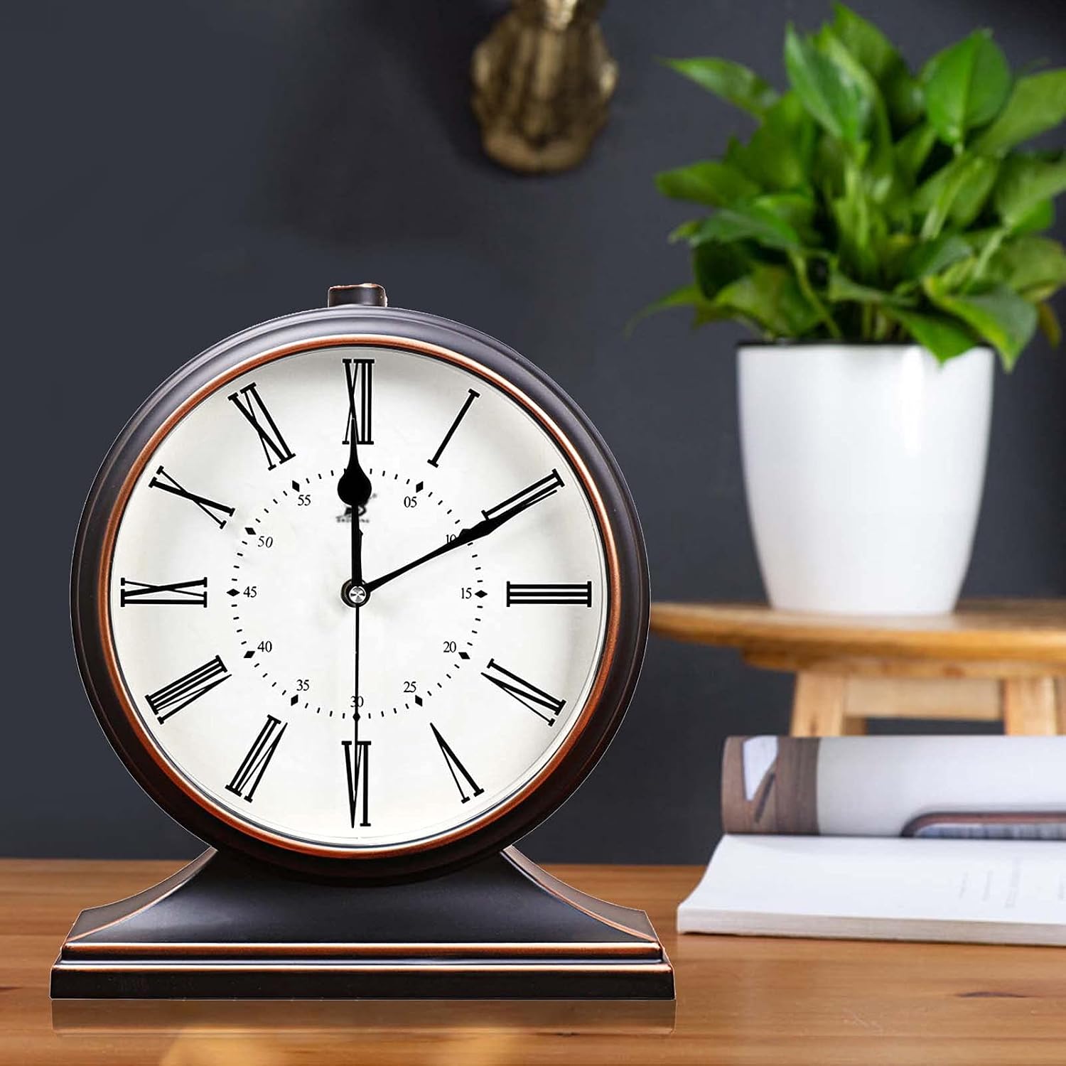 Silent Vintage Farmhouse Mantel Clock for Living Room 10-inch | Desk Clock Battery Operated for Table