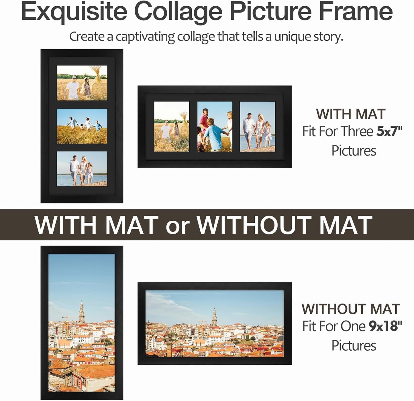 Golden State Art 9x18 Black Wood Frame - for Three 5x7 Pictures, 3 Pack | Black Mat,Matted to 3 5x7 Picture,Solid Wood