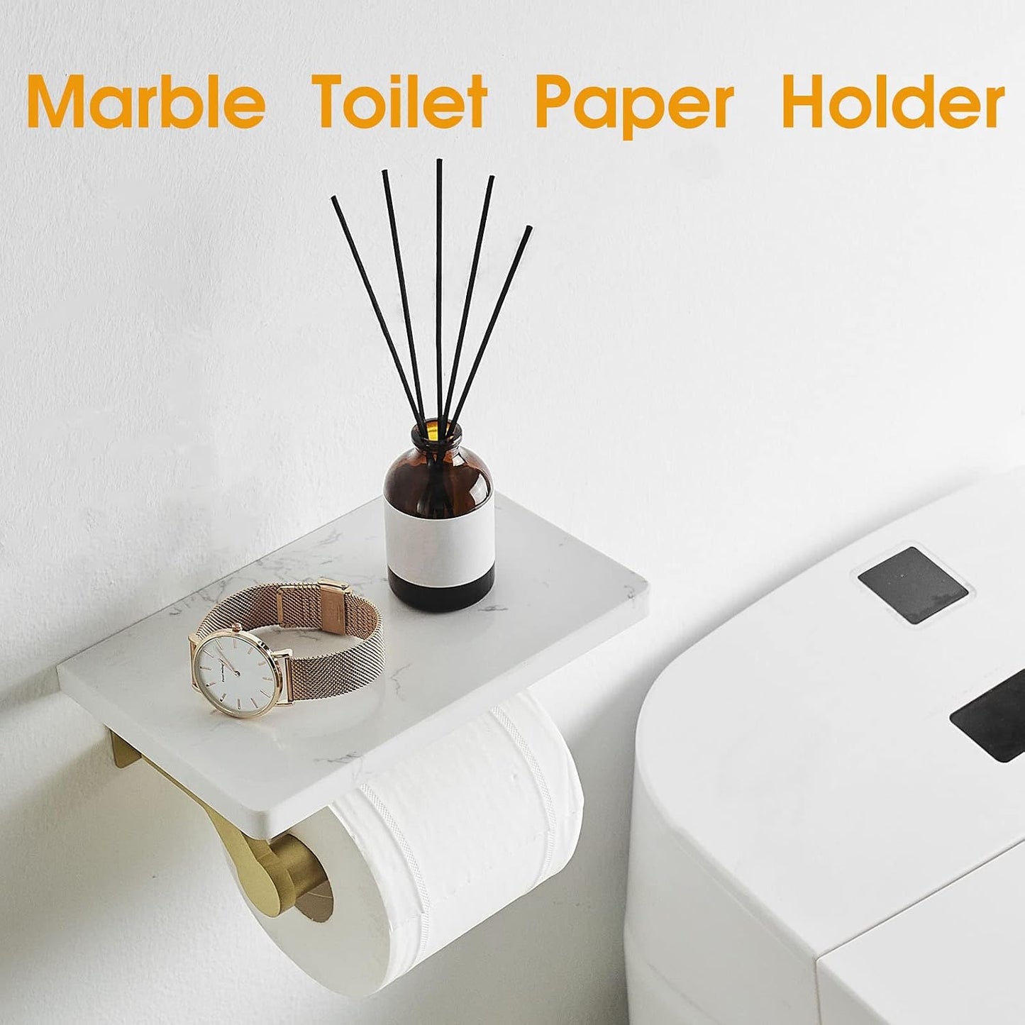 Hoimpro Toilet Paper Holder with Marble Shelf, Wall Mount Brushed Gold | White Natural Marble Phone Shelf Commercial