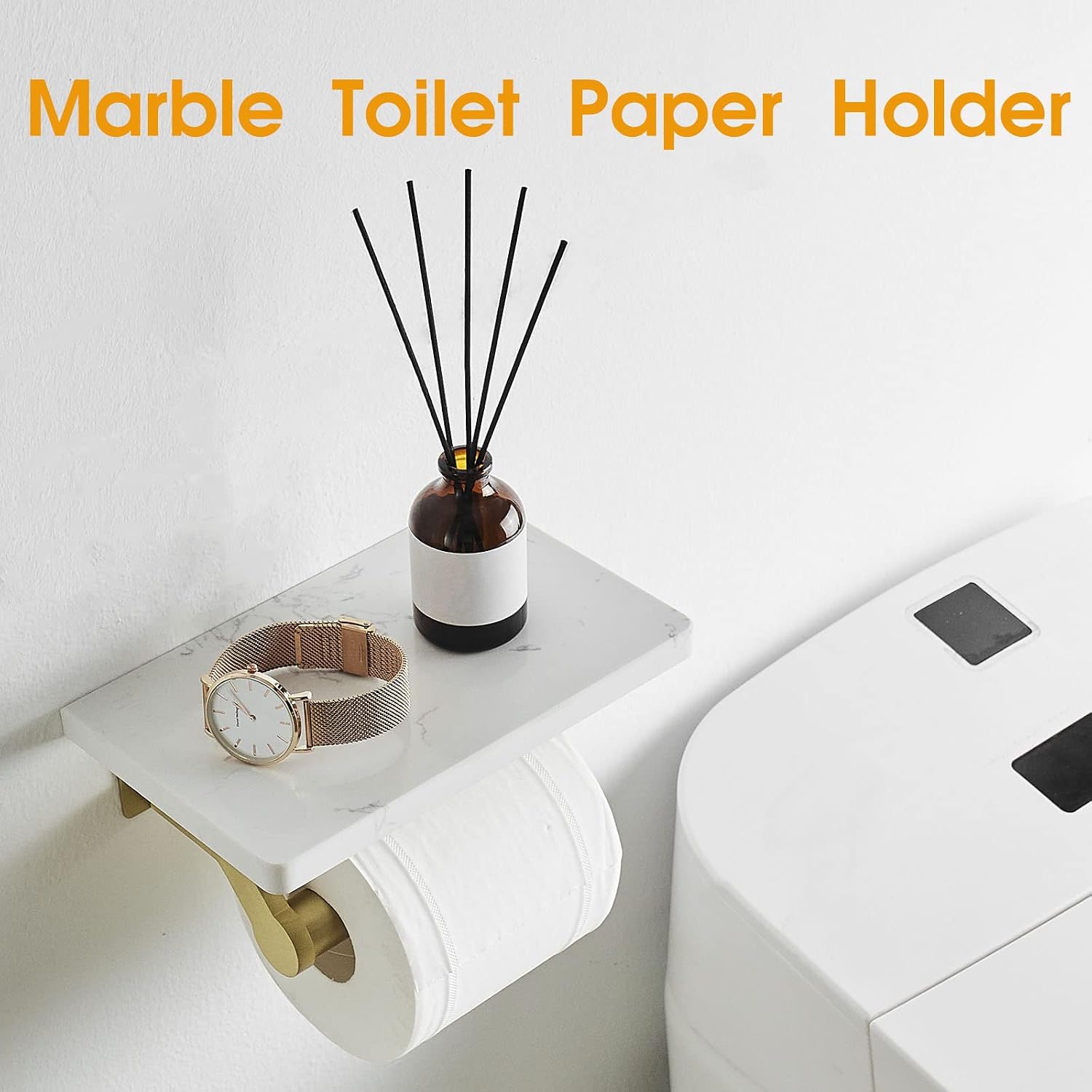Hoimpro Toilet Paper Holder with Marble Shelf, Wall Mount Brushed Gold | White Natural Marble Phone Shelf Commercial