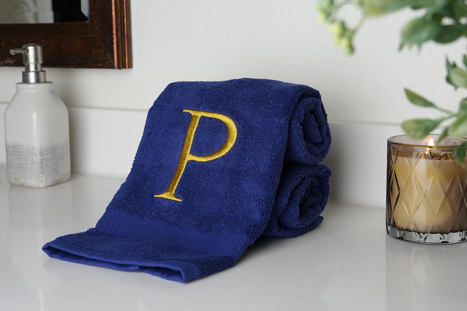 Navy with Gold Monogrammed Hand Towels for Bathroom - Set of 2 Letter P | Luxury Hotel Quality Initial Towels For