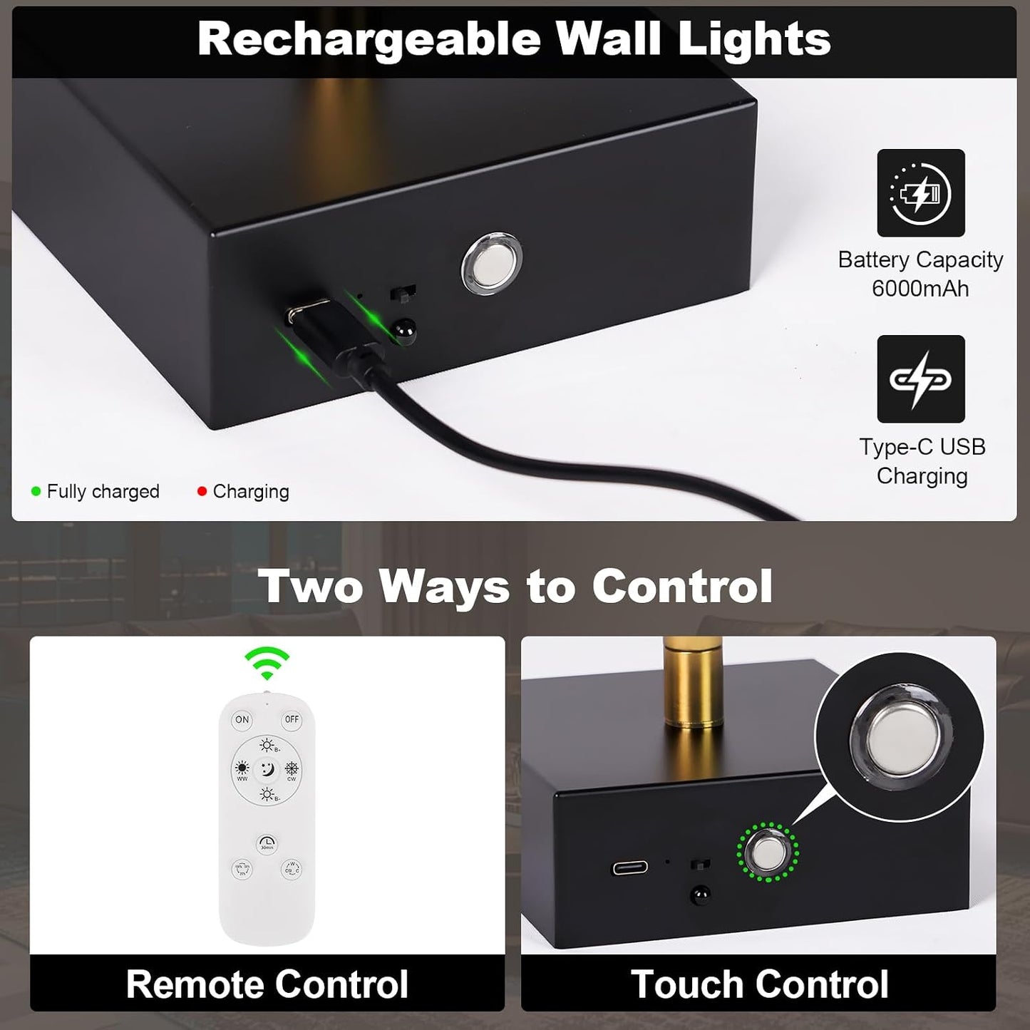 Battery Operated Wall Sconce Set of Two with Remote Control, 3000K-6000K Dimmable Black Gold Wall Lights, Timable LED