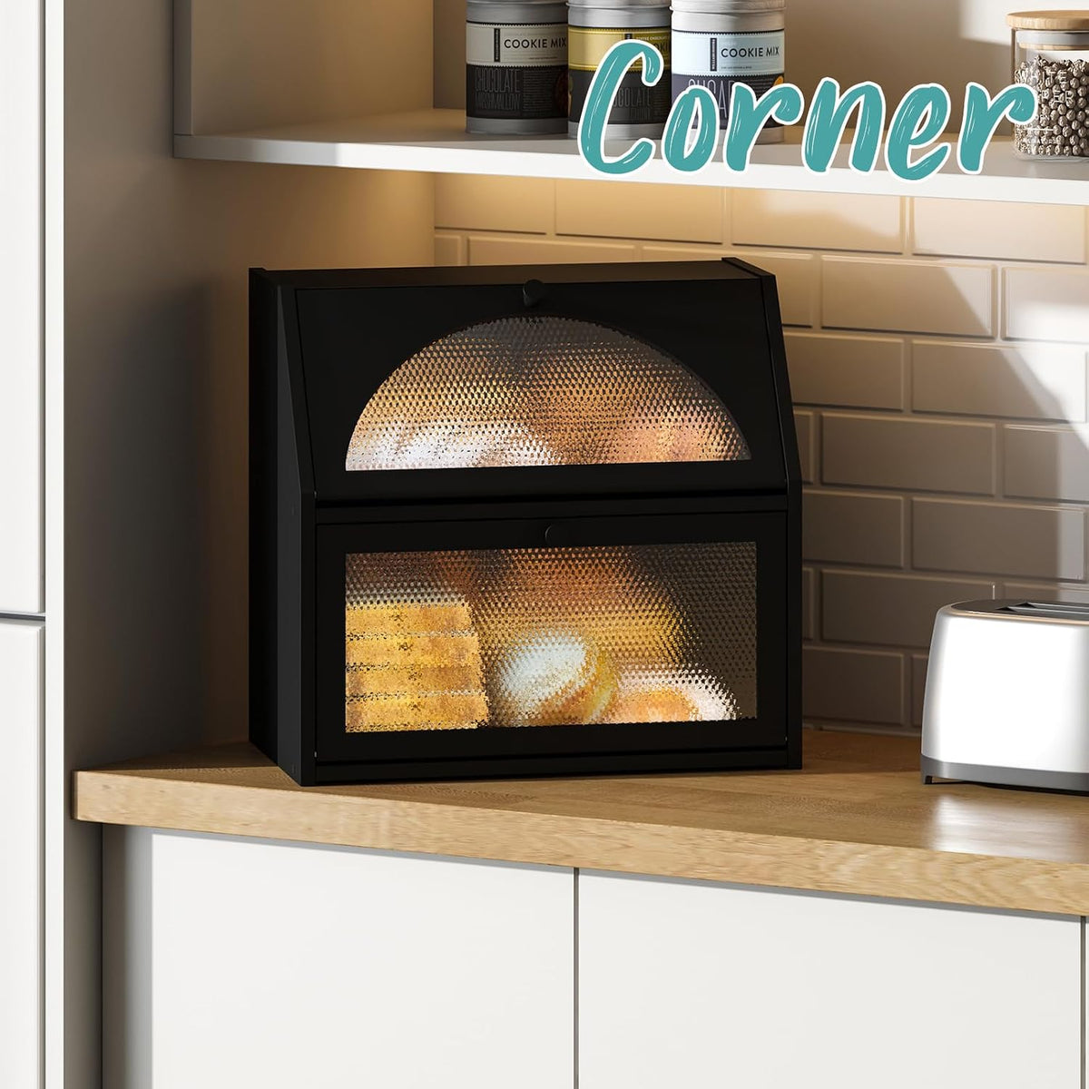 Extra Large Bread Box for Kitchen Counter, Bamboo Wood Double Layer Bread Box for Kitchen Counter, Wooden Capacity