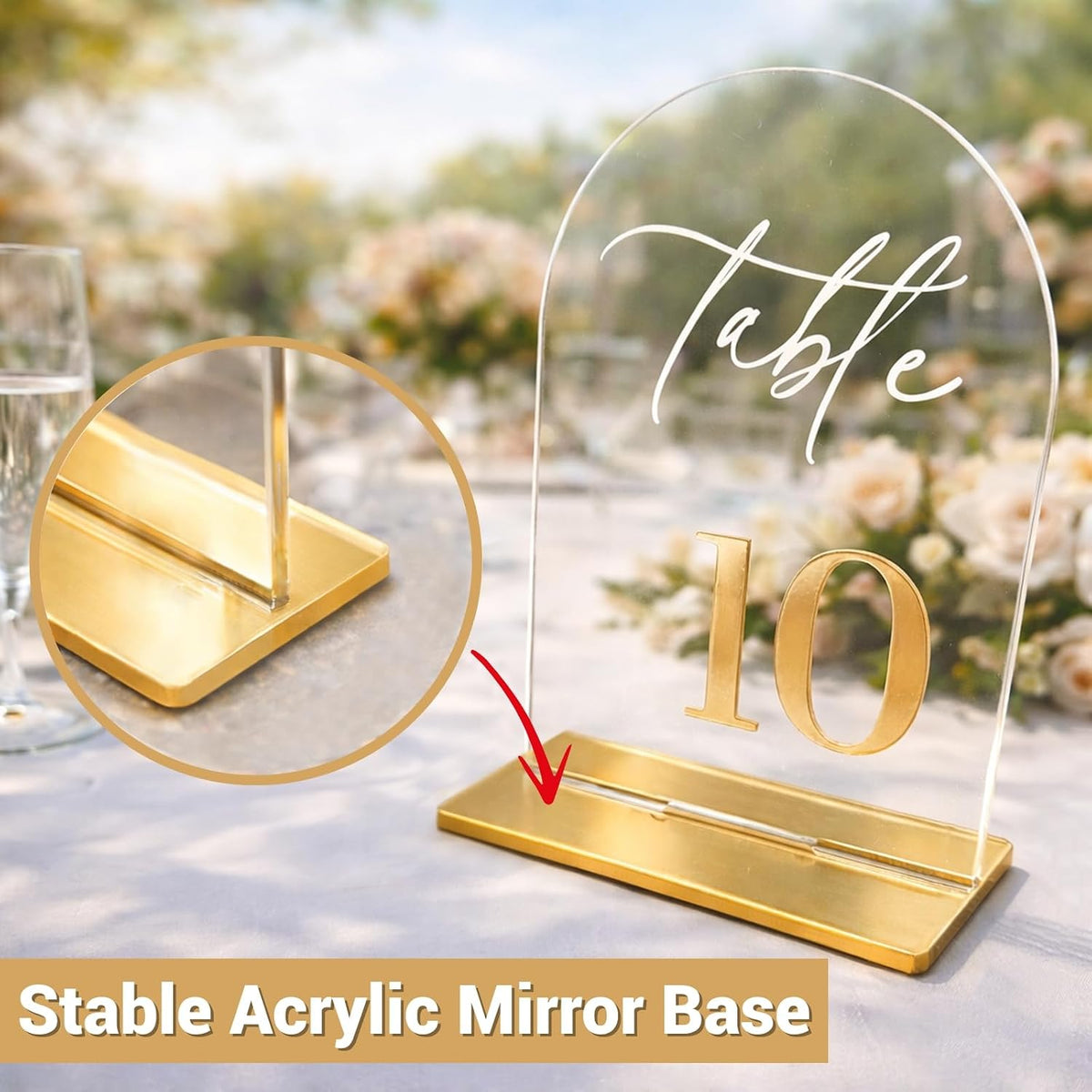 Wedding Table Numbers 1-20, Reception, 5.5" x 7" Clear Acrylic Arch Signs | Raised 3D gold numbers bring a refined