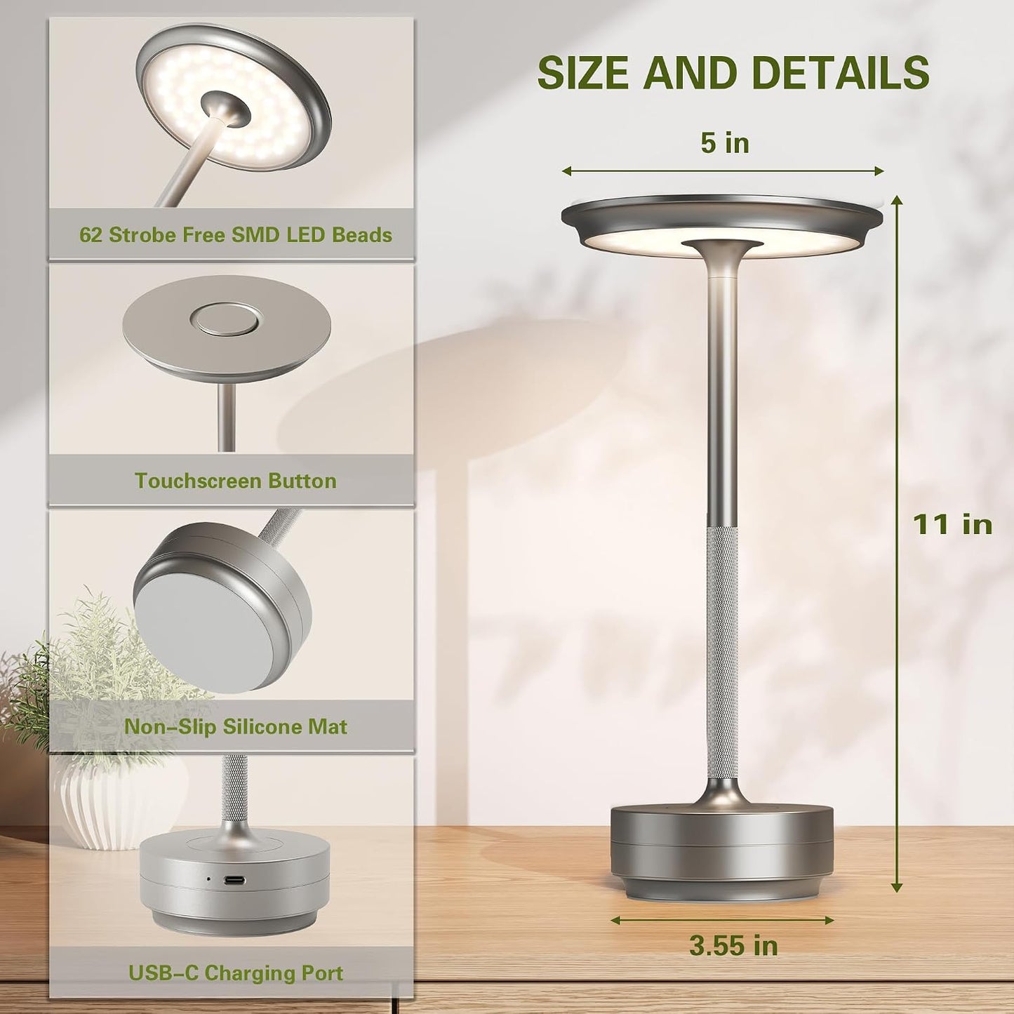 LED Cordless Table Lights Set of 2, Built-in 5000mAh Touch Lamps | Battery Rechargeable Outdoor Waterproof Portable