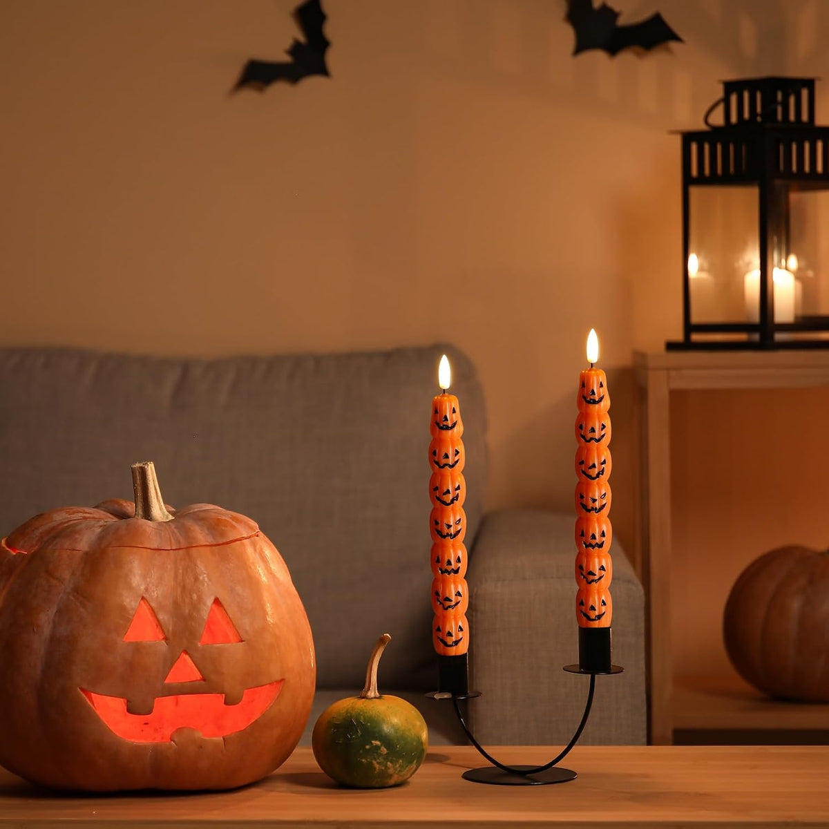 Orange Pumpkin Halloween Flameless Taper Candles with Remote | Spooky Flickering LED Wax Candlesticks, 2 AAA Battery