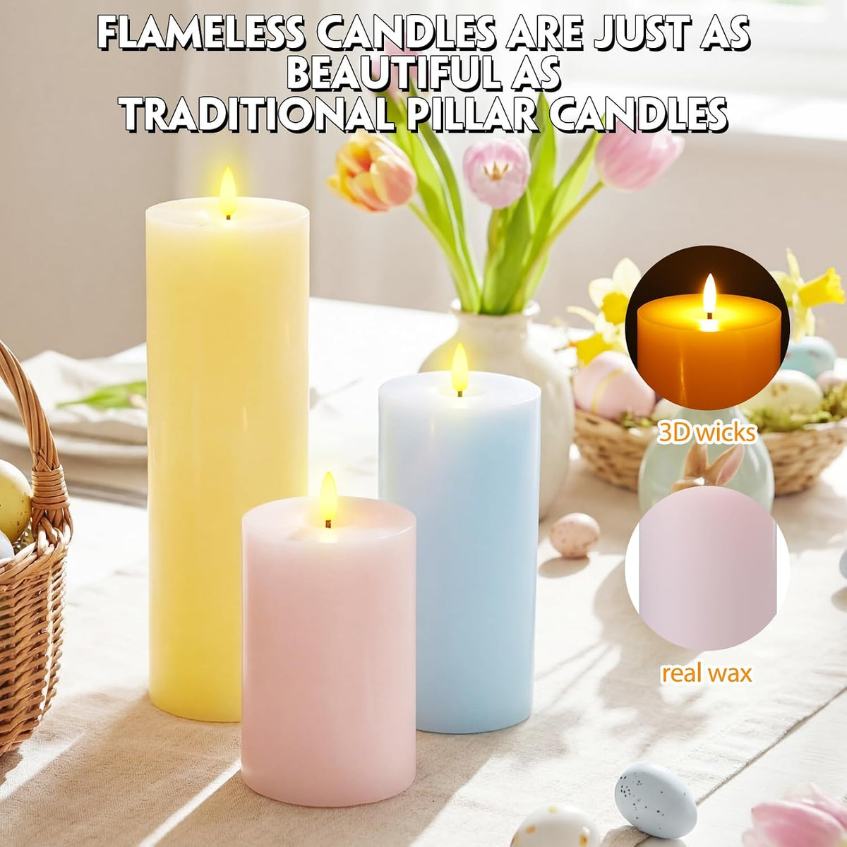 3 Pcs Easter 6/8/12 Inches Large Flameless LED Candles with Remote and 2/4/8 H Timer Yellow Pink and Blue Battery