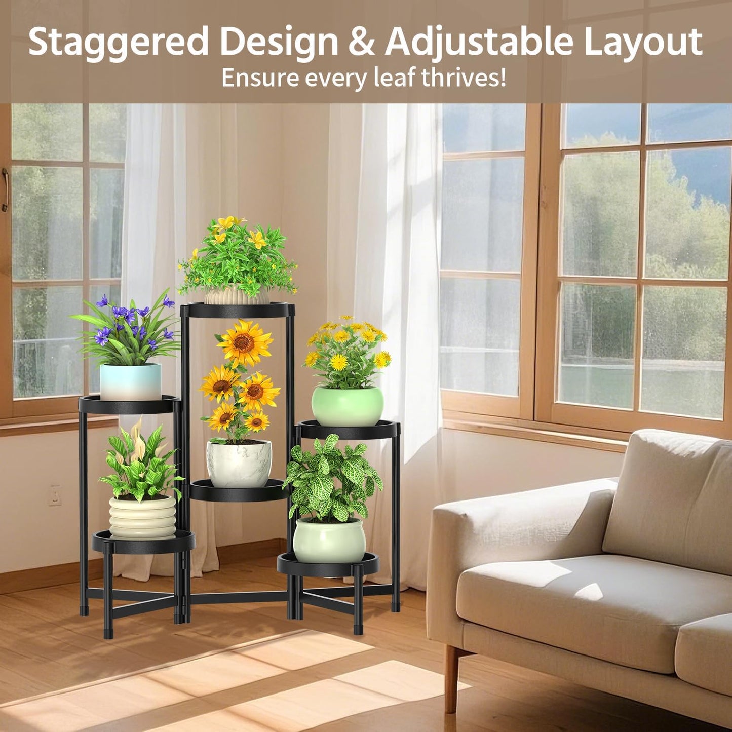 LASZOLA Plant Stand Indoor Outdoor Tall with Plastic Tray, 6 Tiers Black | Corner Folding Flower Display Rack, Modern