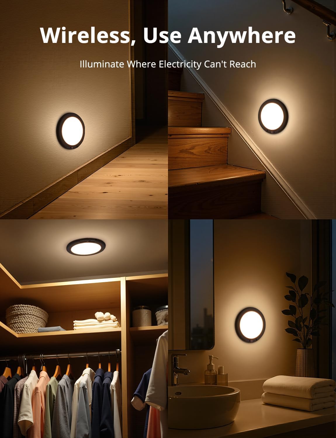Black Battery Powered Motion Sensor Ceiling Lights Wireless, Rechargeable 60 Day Battery Operated Waterproof Inside