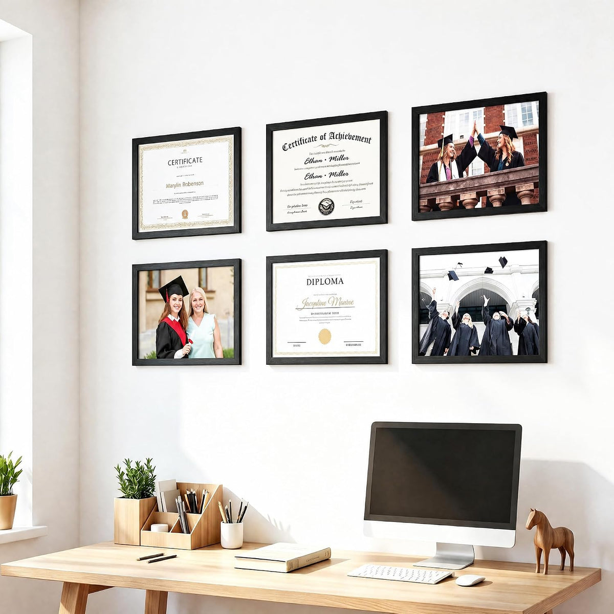 Wiscet 8.5x11 Picture Frame Set of 16, Certificate Diploma Document Frames | Black Woodgrain, for Wall or Tabletop