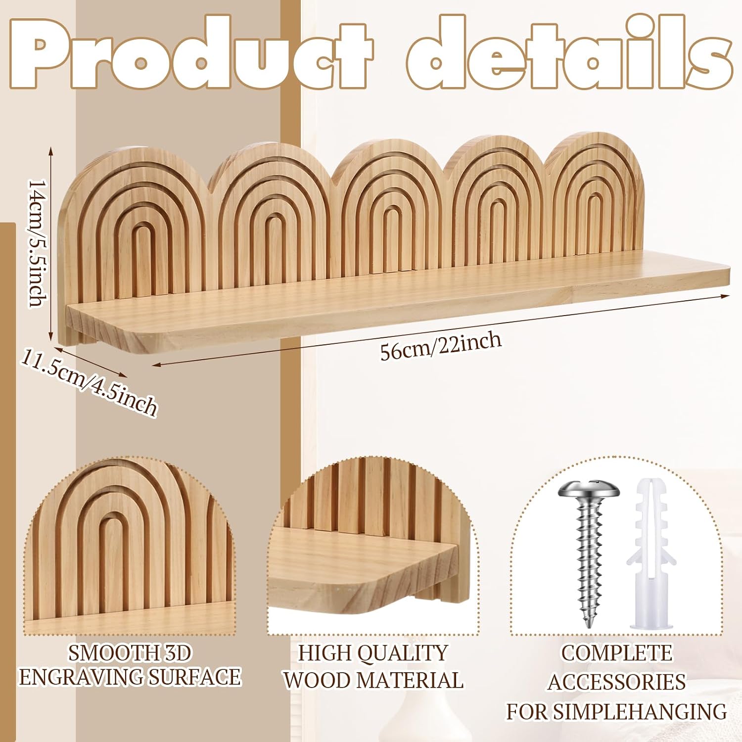 Wall Coat Rack/Boho Wall Shelf Mid-Century Modern Wooden Coat Vintage Mount / 22 x 5.5 x 4.5 / Wood