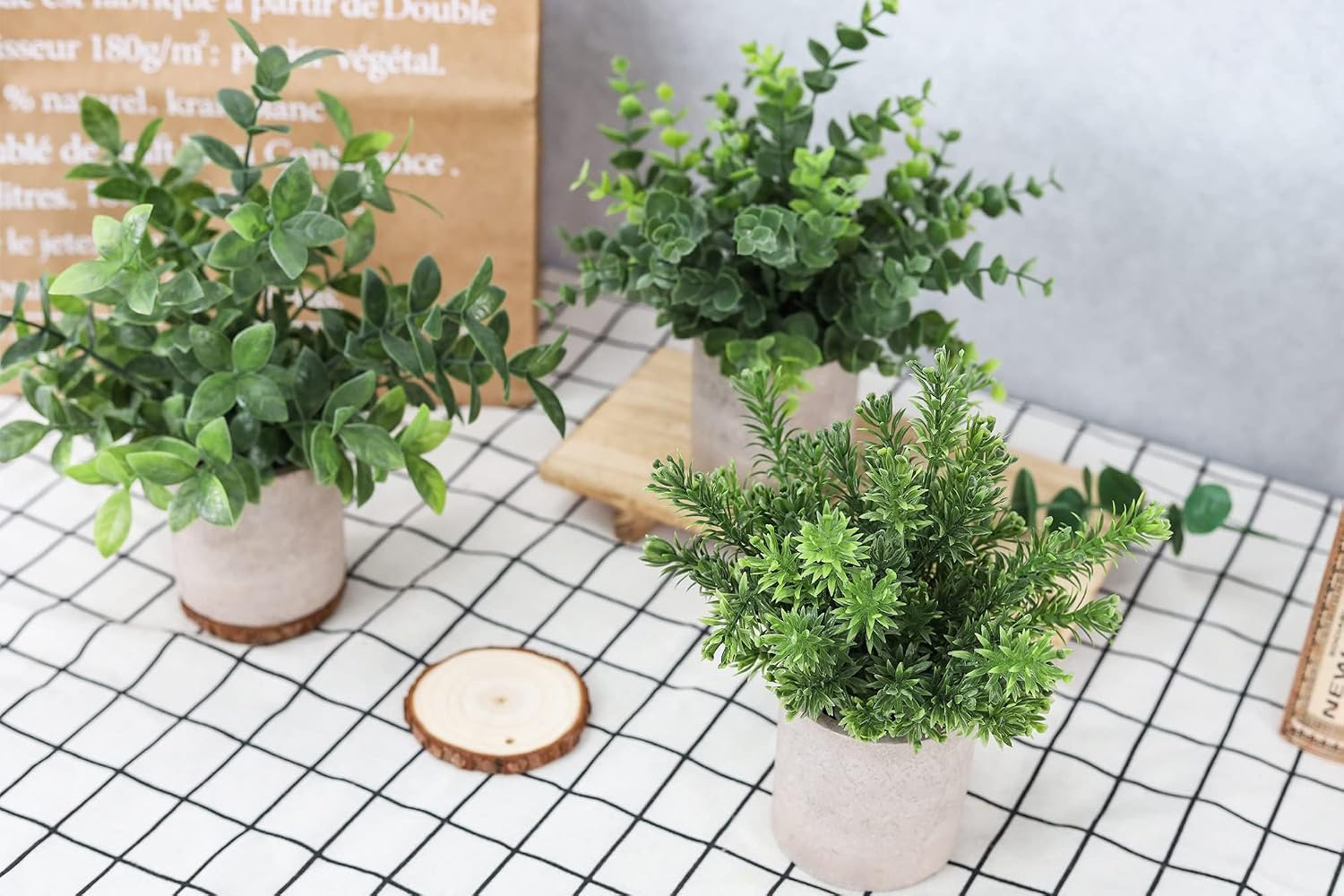 Mini Potted Fake Plants Artificial Plastic Eucalyptus Plants Topiaries / Green / Set of 3