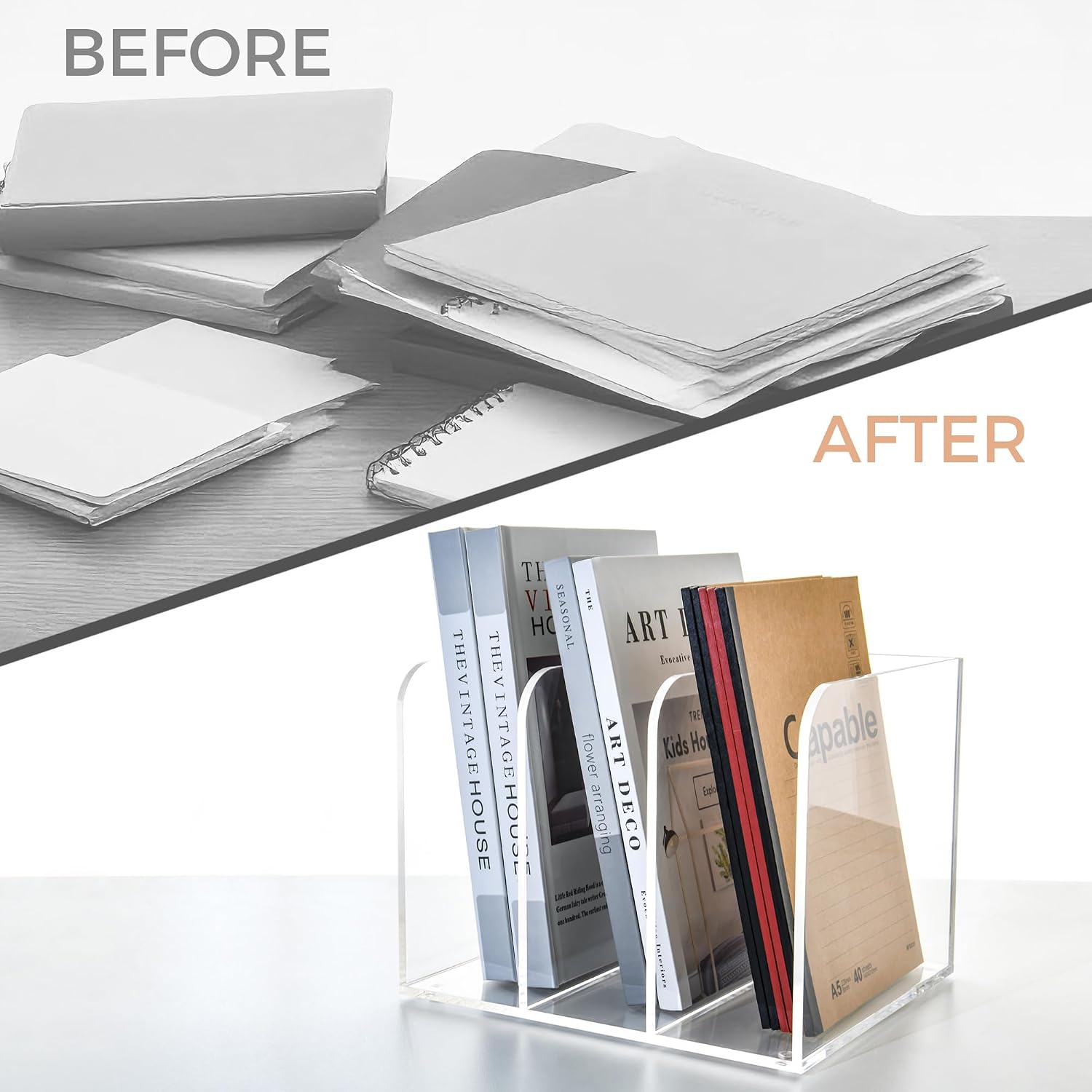 3 Vertical Compartments Clear Acrylic Magazine & File Holder – Multipurpose Desk Organizer for Documents, Tablets