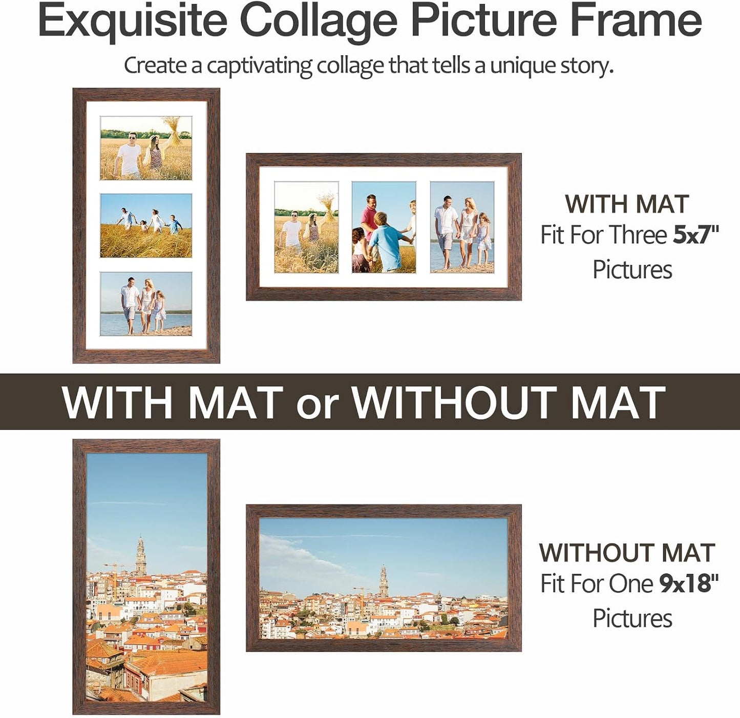 Golden State Art 9x18 Distressed Brown Wood Frame for Three 5x7 Pictures | 1 Pack,Matted to 3 5x7 Picture,Solid Wood
