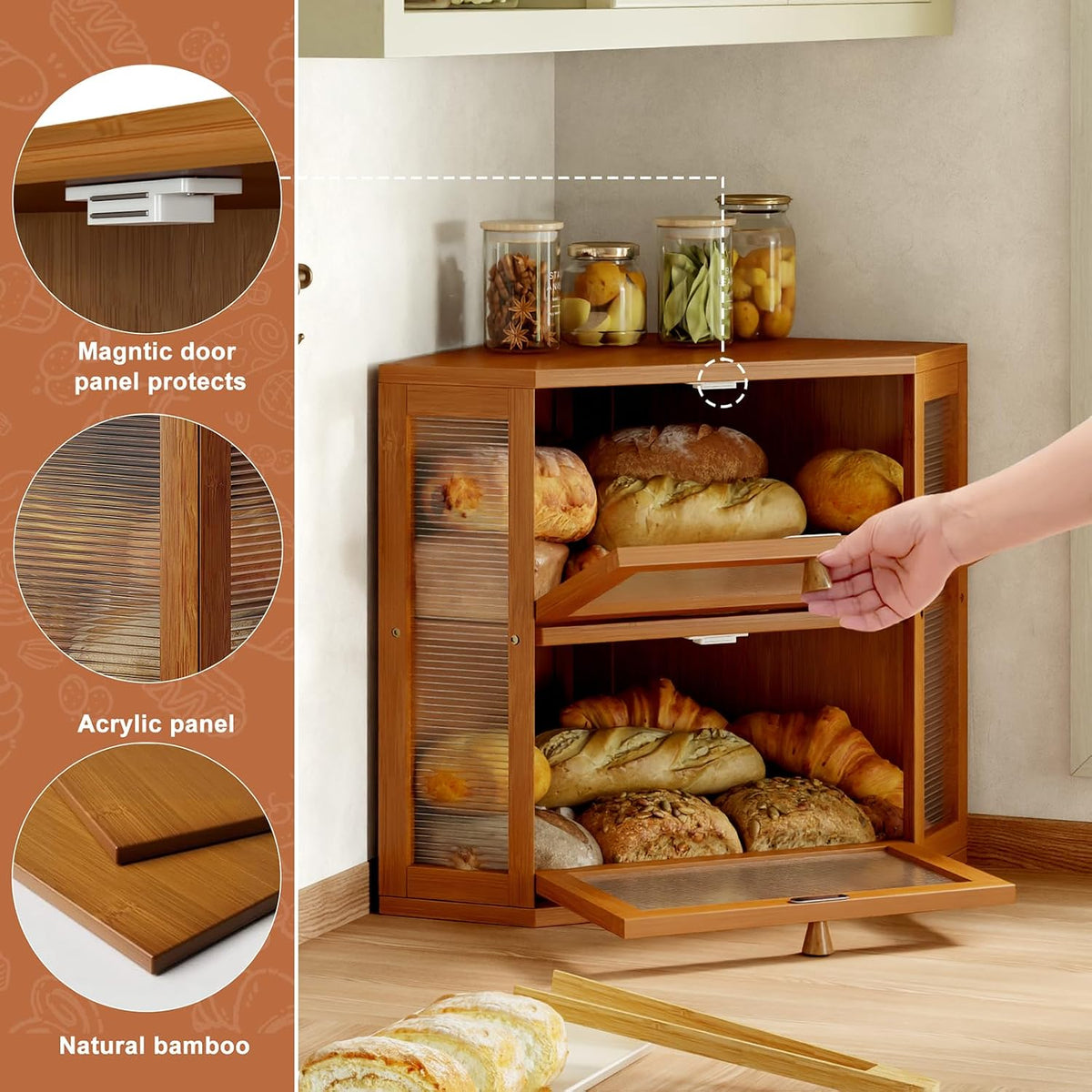 WOWLIVE Double Layer Corner Bread Box for Kitchen Countertop with 2 Doors | Bamboo Bread Storage Container, Large