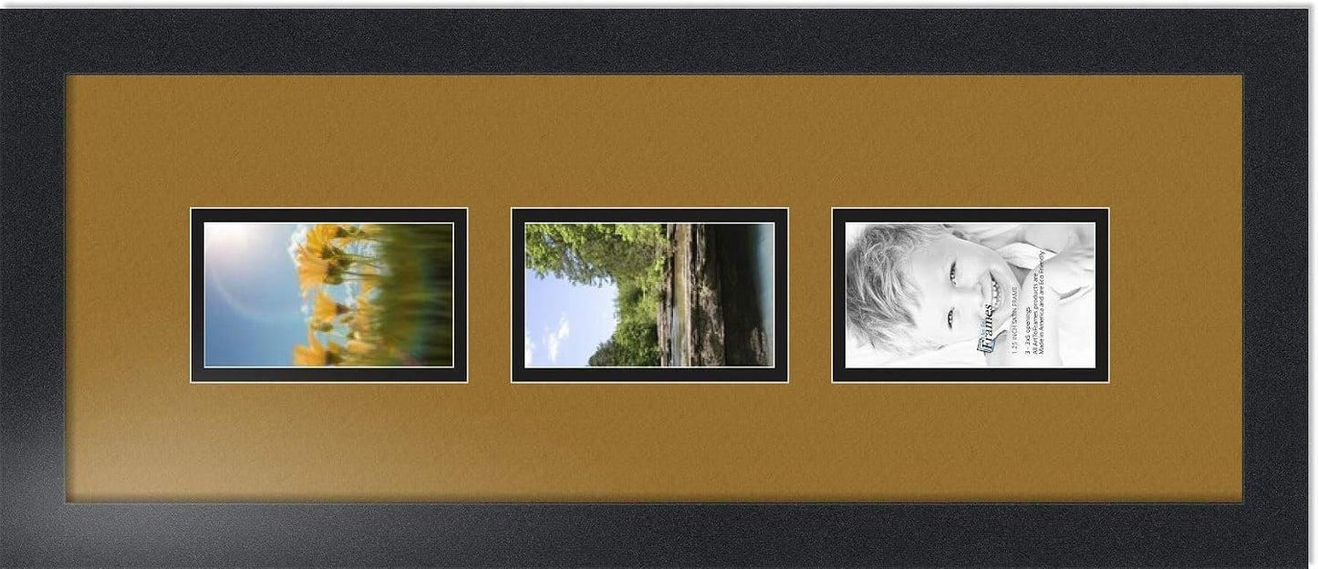 ArtToFrames Collage Photo Frame Double Mat with 3-3x5 Openings with Satin Black Frame and El Dorado mat.