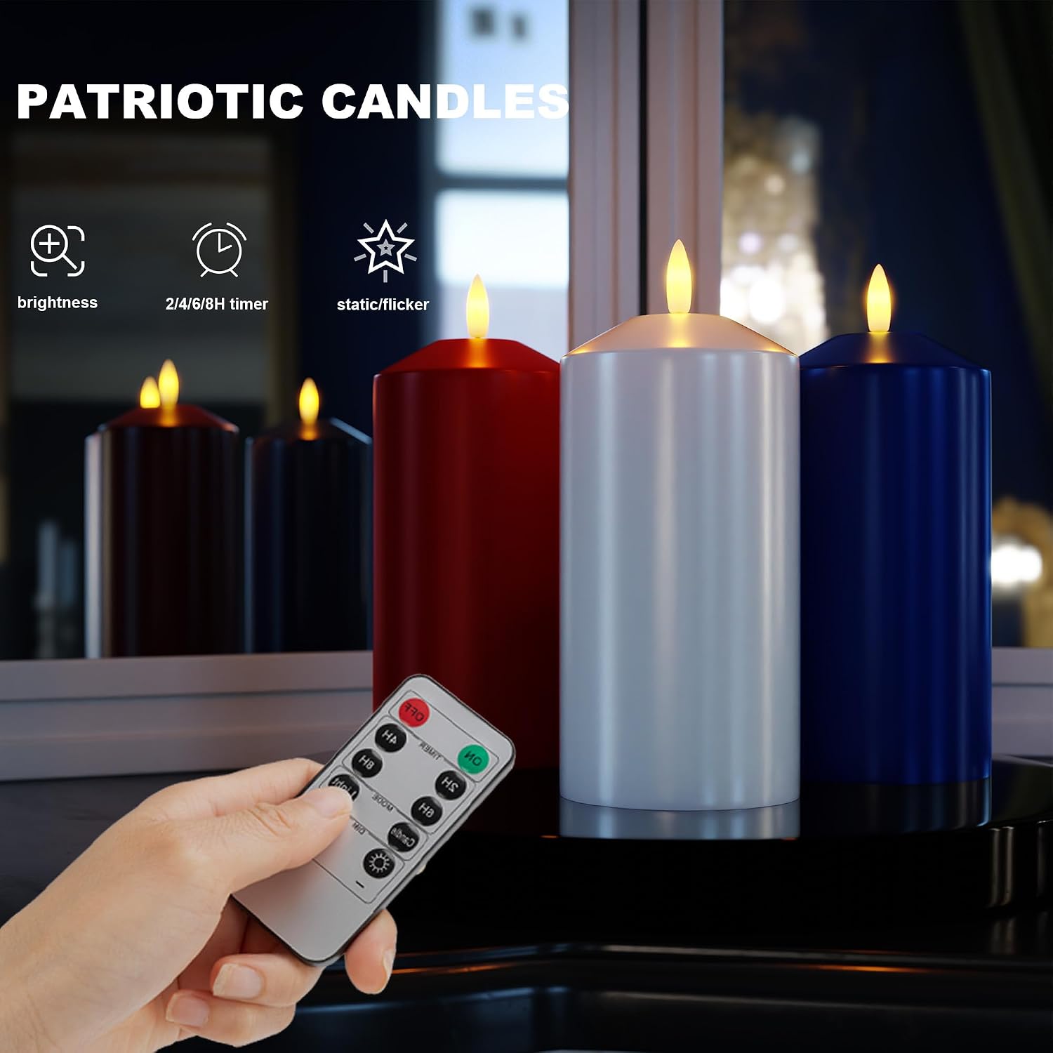 Patriotic Red White & Blue Candles, 4th of July LED Candle Real Wax | Flameless Pillar Candles with Remote, Battery