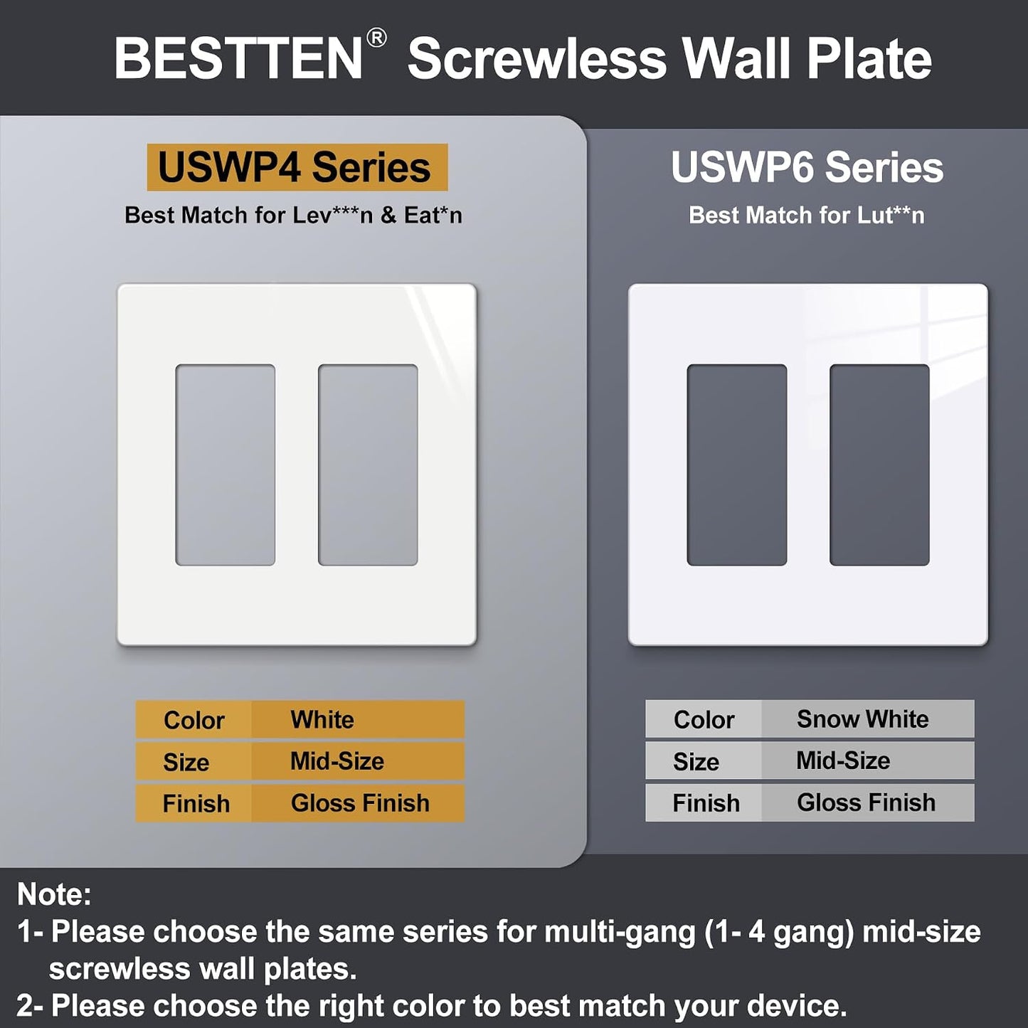 BESTTEN [10 Pack] 2 Gang Screwless Decorative Outlet Cover, Mid-Size Wall Plate, H4.88" x W4.93", Faceplate Cover for