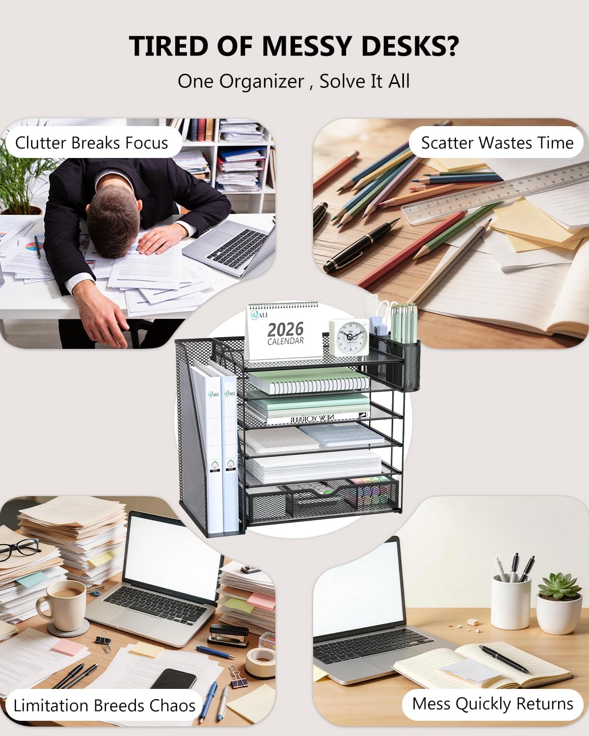 WALI Desk File Organizer, 6 Tier Desktop Paper Letter Tray Organizer with Drawer and 2 Pen Holders, Office Desk