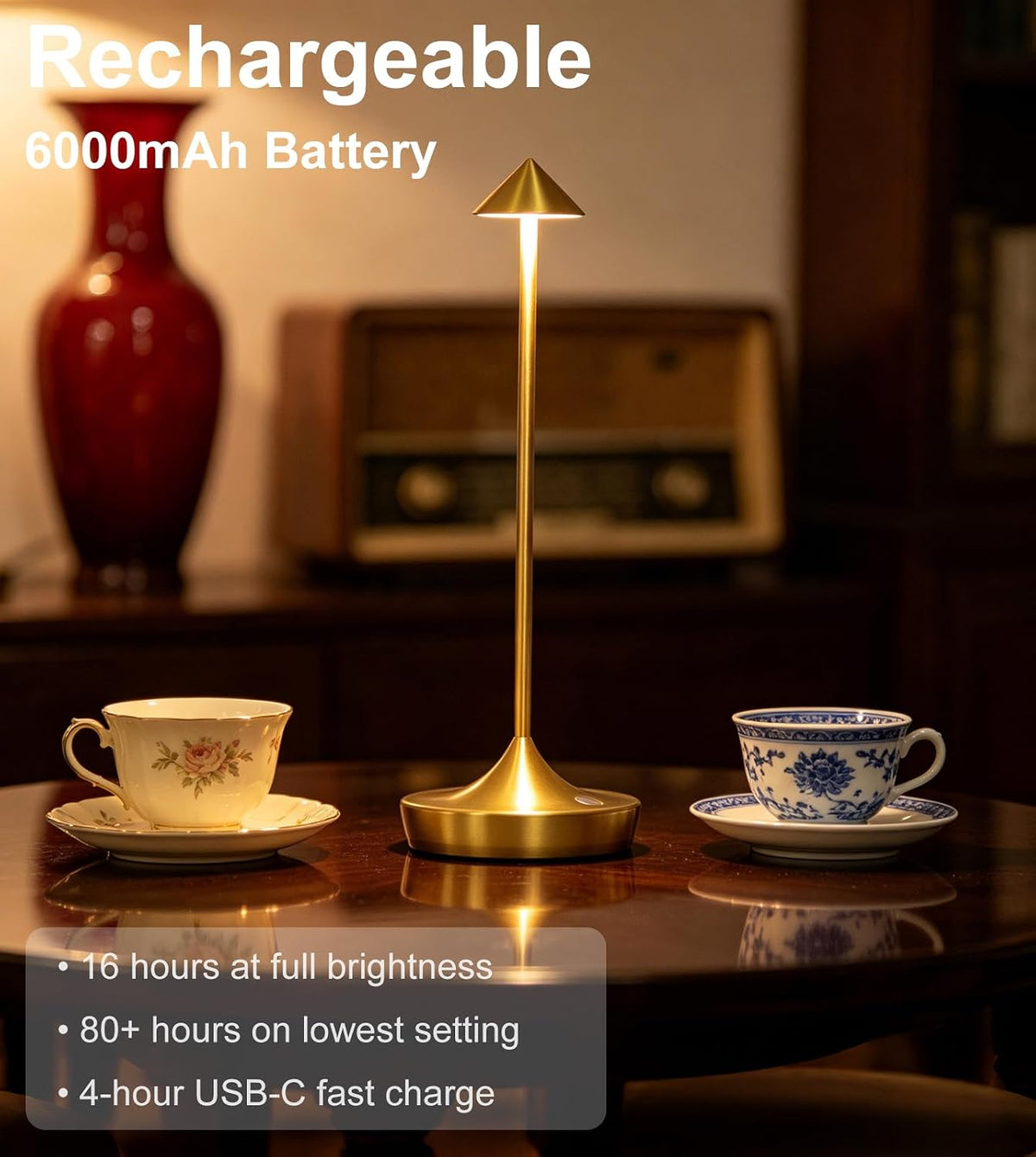 2-Pack Cordless Rechargeable LED Table Lamp (Gold) | 6000mAh Battery, 3-Color Stepless Dimming, IP54 Waterproof &