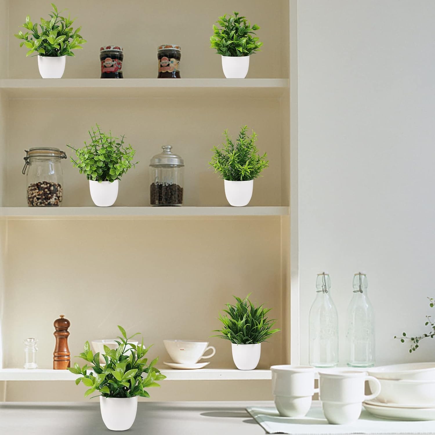 Artificial Plant Small Fake Plant Greenery Potted Plant Indoor Faux Plant Houes / Green / Set of 6