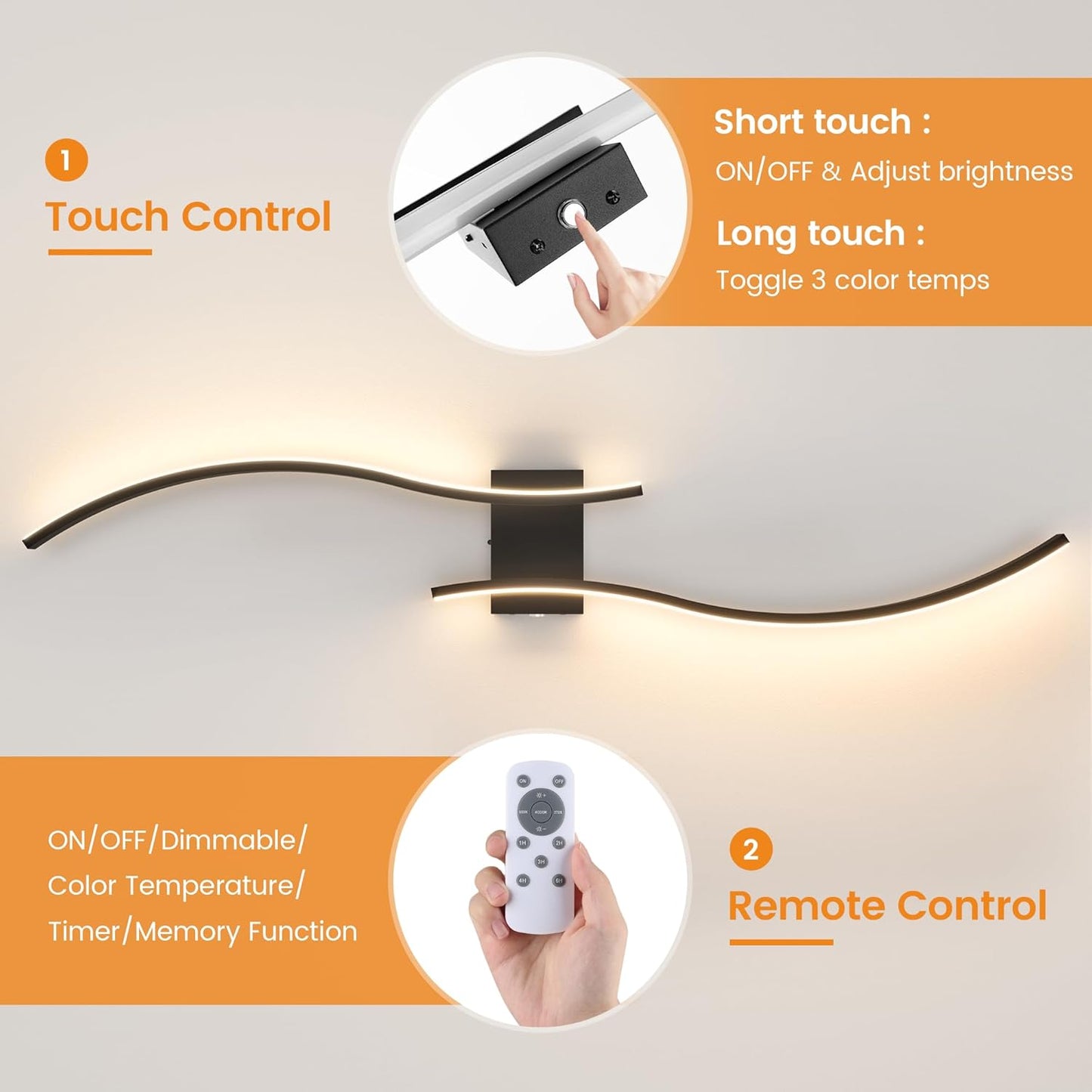 VOLISUN Battery Operated Wall Sconces Set of Two, 39.4 inch Wireless Wall Sconces, 3000K-6500K Dimmable Wall Lamps with