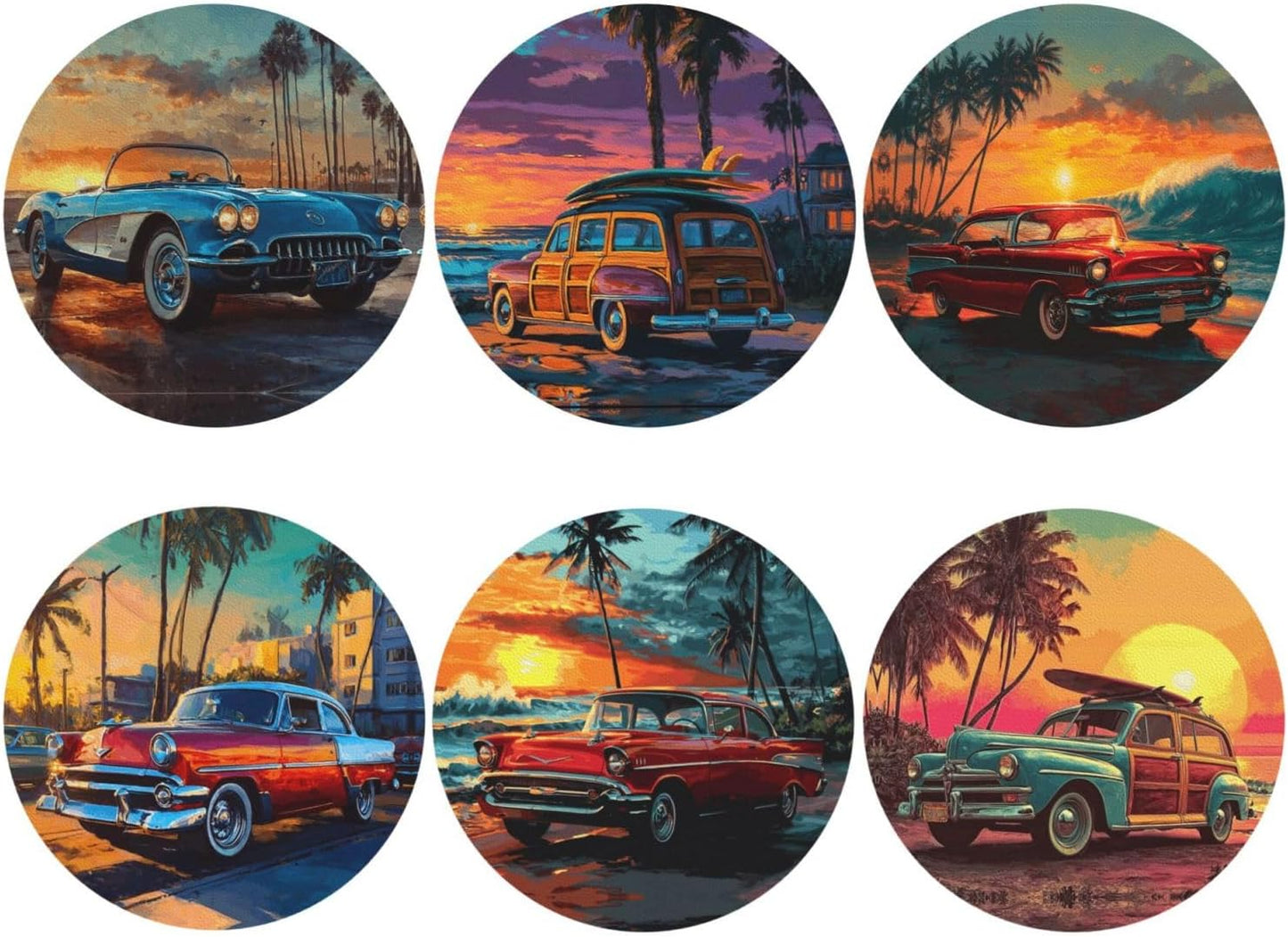 Holder Round Leather Coasters Cups Mugs Mat Pad / Car Print / Set of 6