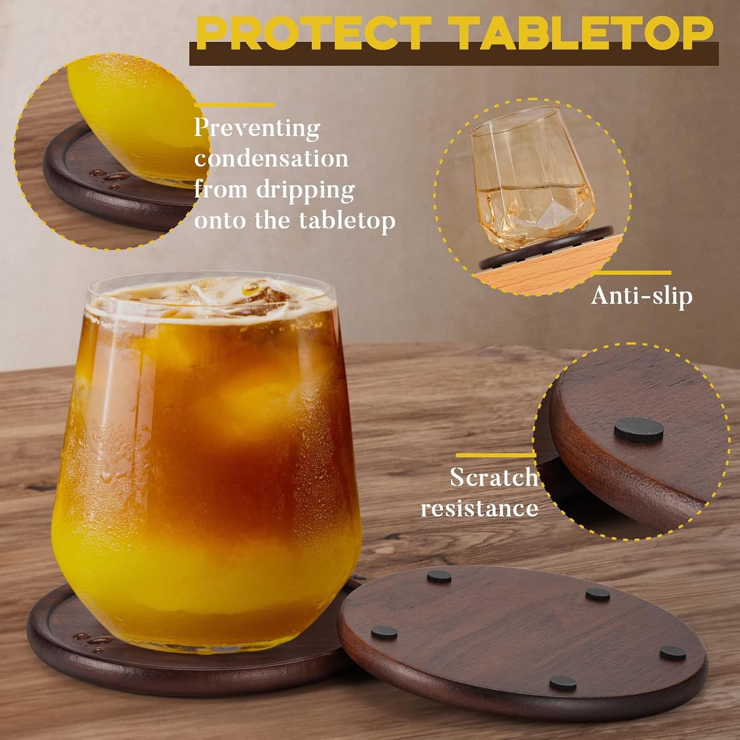 Walnut Wooden Coaster Tabletop Protection for Drinks Coffee / Coasters with Metal Holder / Set of 8