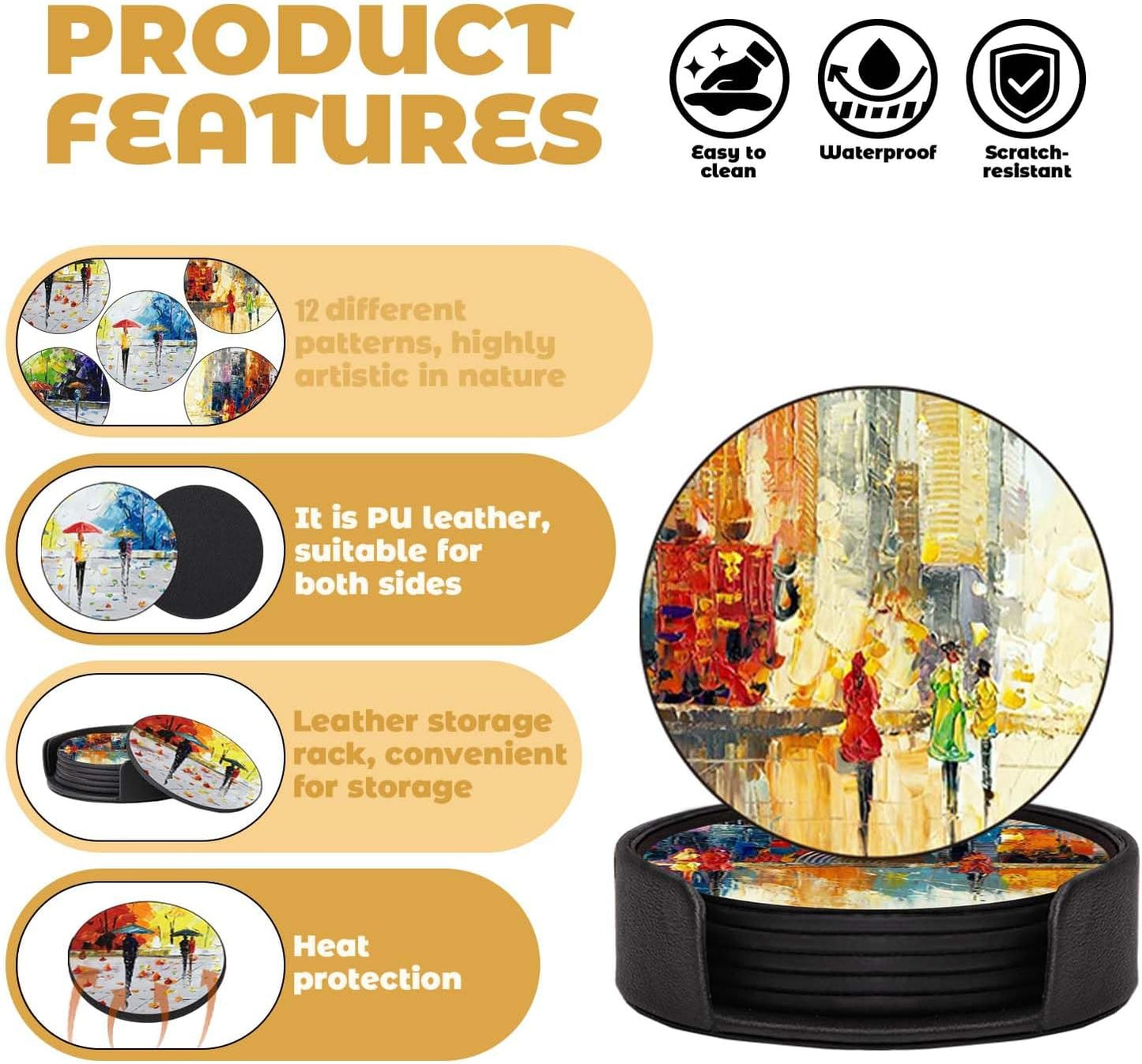 Holder / PU Leather Coasters for Drinks / Abstract Oil Painting Art / Set of 12