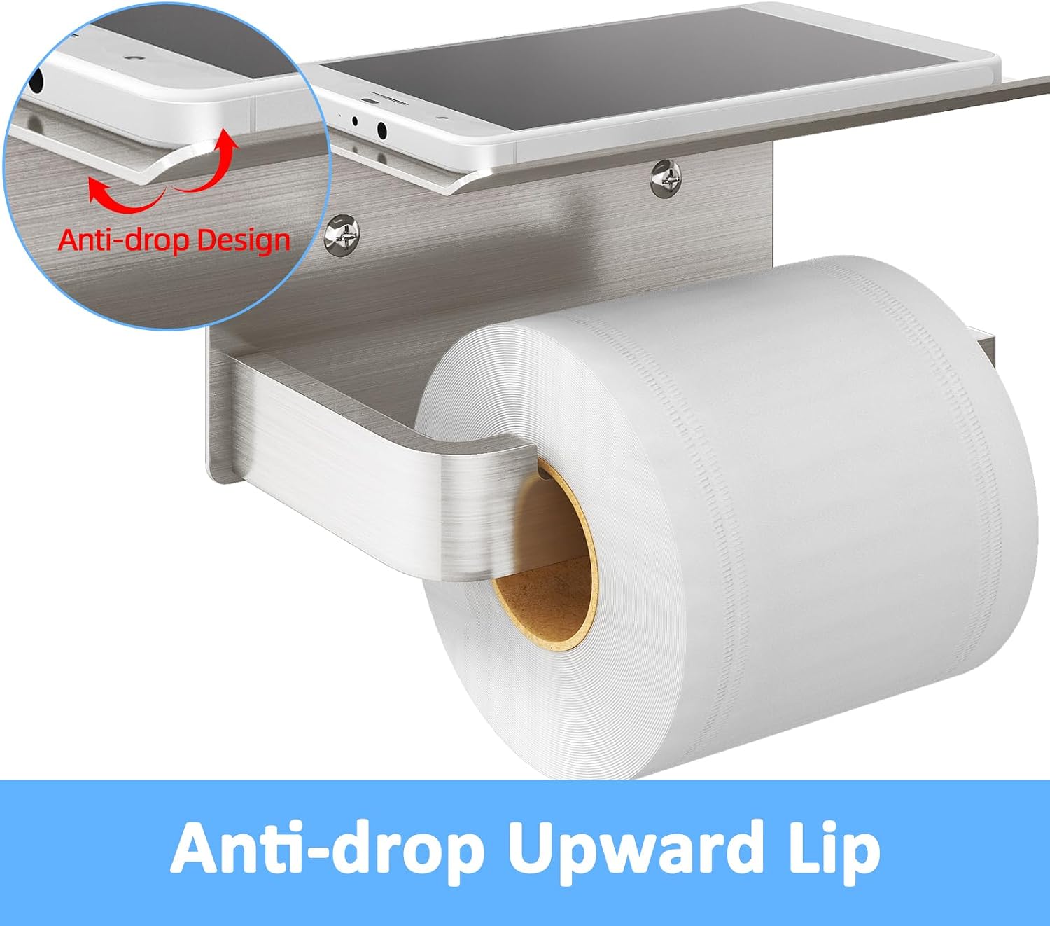 Gypie Toilet Paper Holder with Phone Shelf, Brushed Nickel Toilet Paper Holder Wall Mount, Rustproof Stainless Steel
