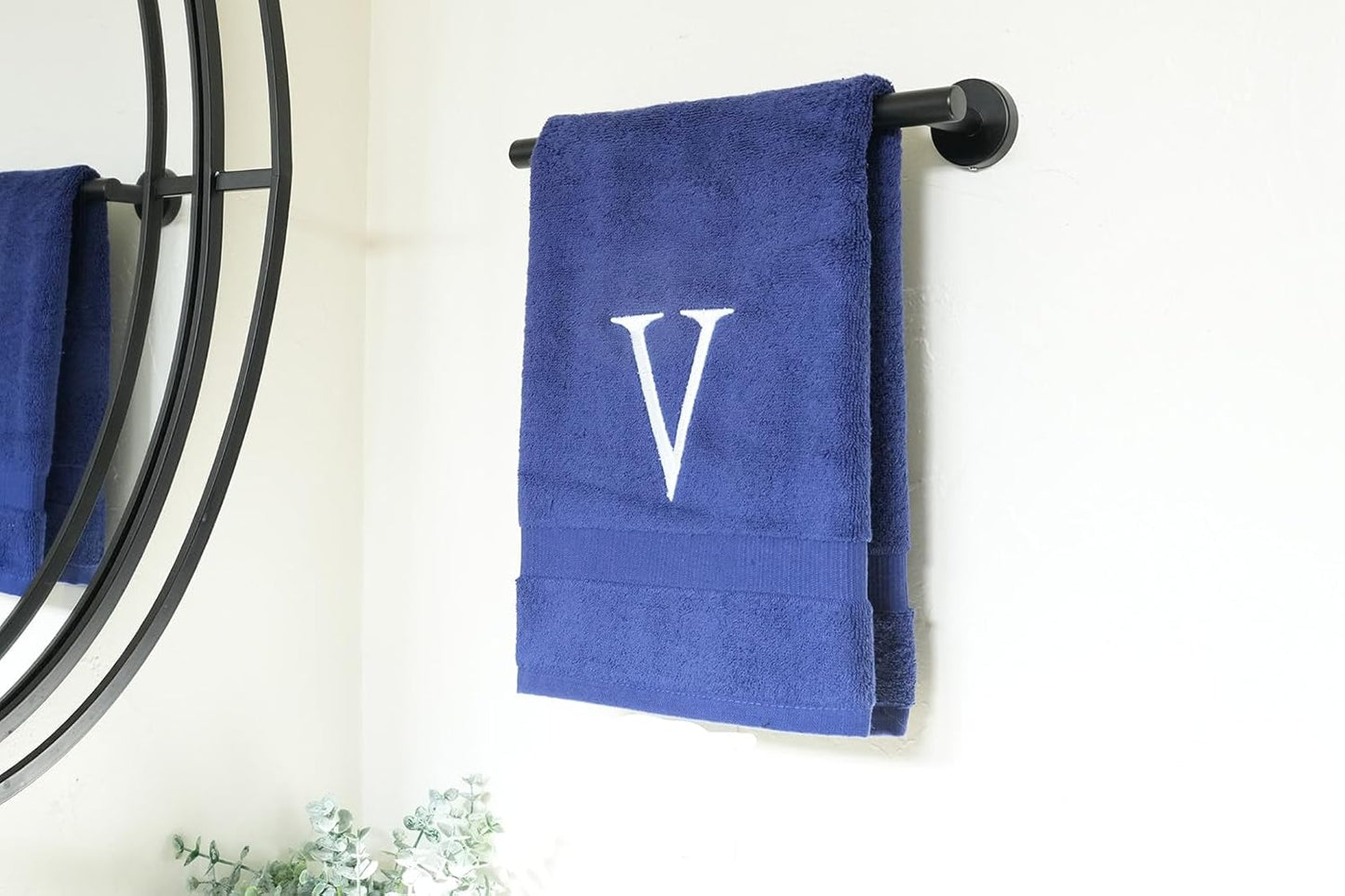 Navy with White Monogrammed Hand Towels for Bathroom - Set of 2 Letter V | Luxury Hotel Quality Initial Towels For