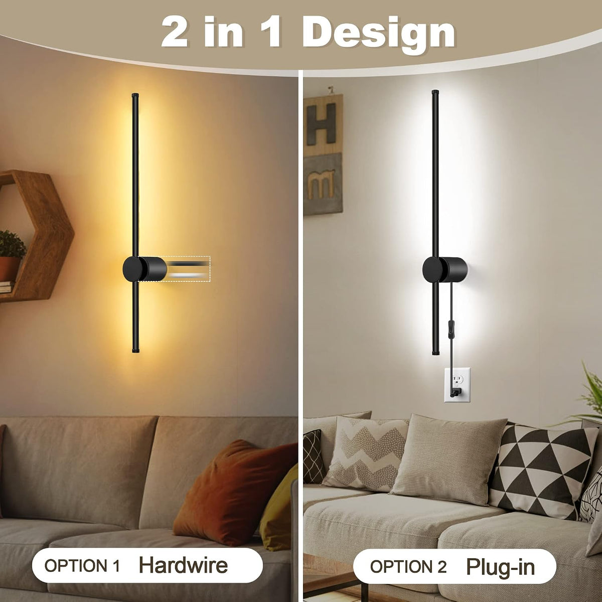GOODATE Wall Sconces Set of Two with Remote, Stepless Colors 3000K-6500K & Stepless Dimming, Hardwire or Plug-in, 180°