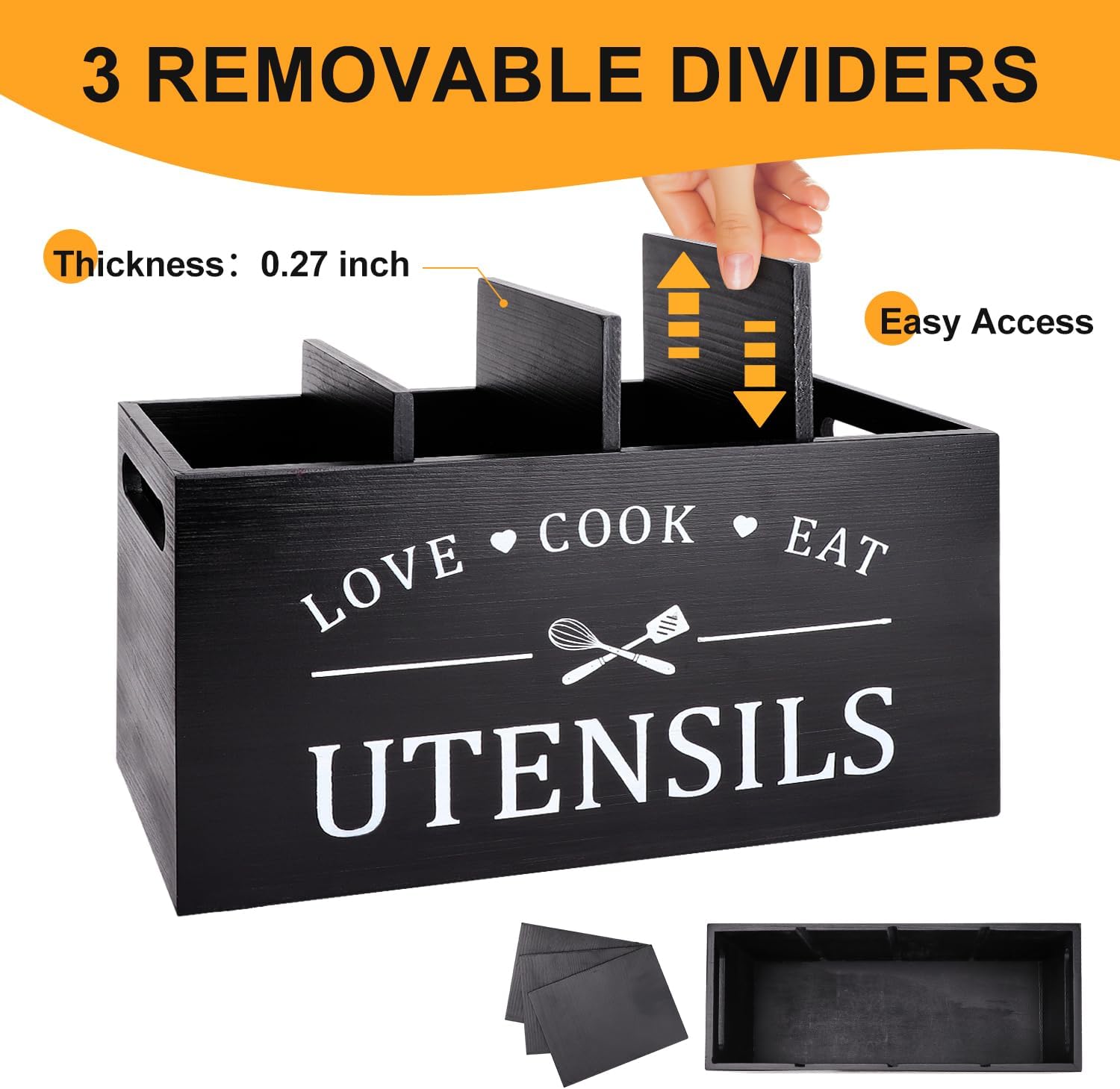 Black Extra Large Wood Cooking Utensil Holder Kitchen Spatula Spoon Holder | Wooden Utensils Caddy for Kitchen