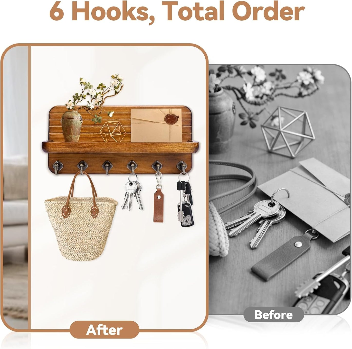 6 Hooks Wooden Hanging Key Rack / Yellow