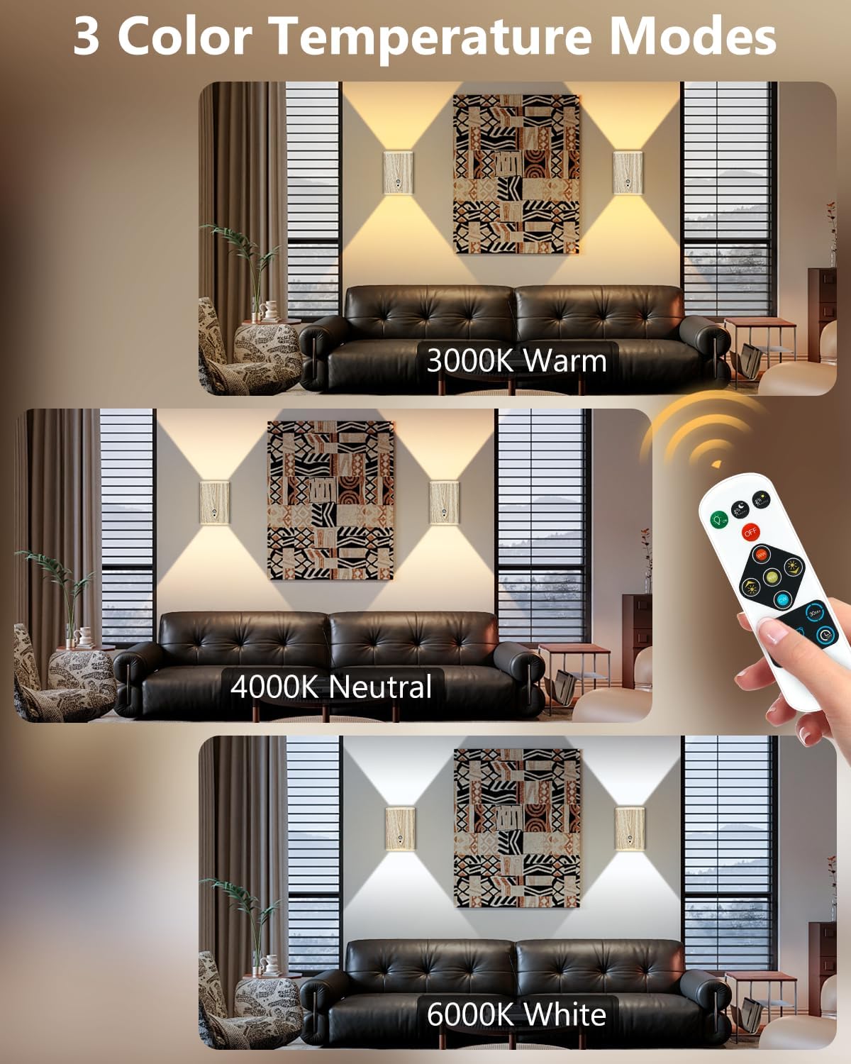 Rechargeable Motion Sensor Wall Sconce Set of 2 (Wood) | 5000mAh Battery Operated Wall Light Indoor, 3 Colors Up/Down