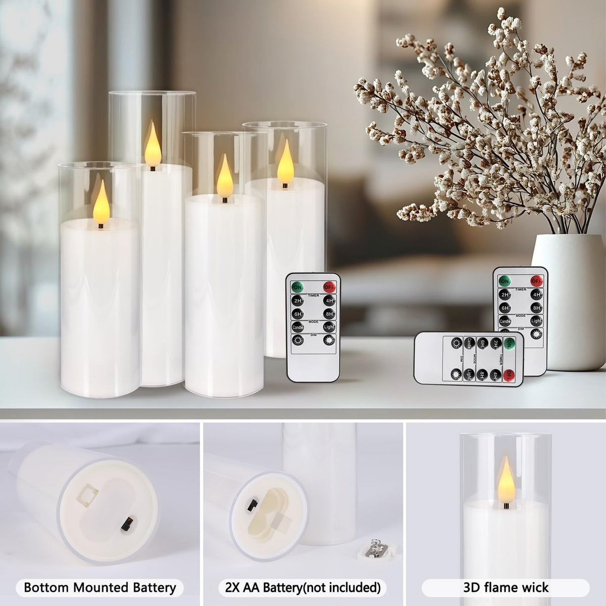 24 Pcs Acrylic LED Flameless Candles with 4 Remote,White,Flickering, Clear, Suitable for Wedding, Party, Home