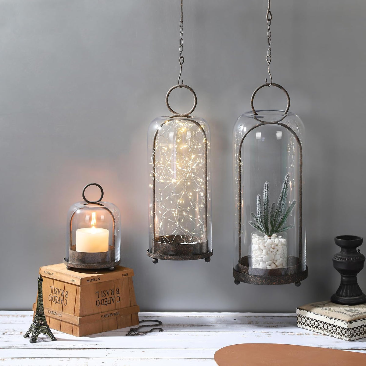 16" High Versatile Modern Metal Hurricane Lantern with Handmade Sturdy Glass Dome in Rustic Brown for Pillar Candle &