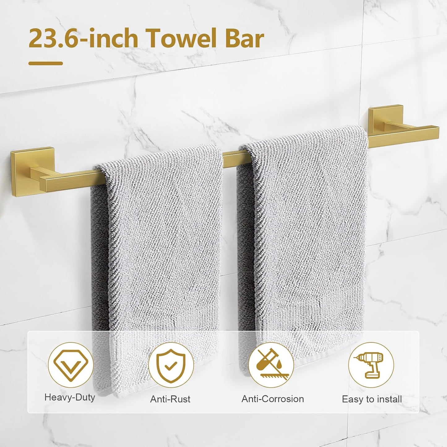 TQKAG 5-Pieces Brushed Gold Bathroom Hardware Accessories Set 23.6" SUS304 Stainless Steel Towel Bar Set Wall Mounted