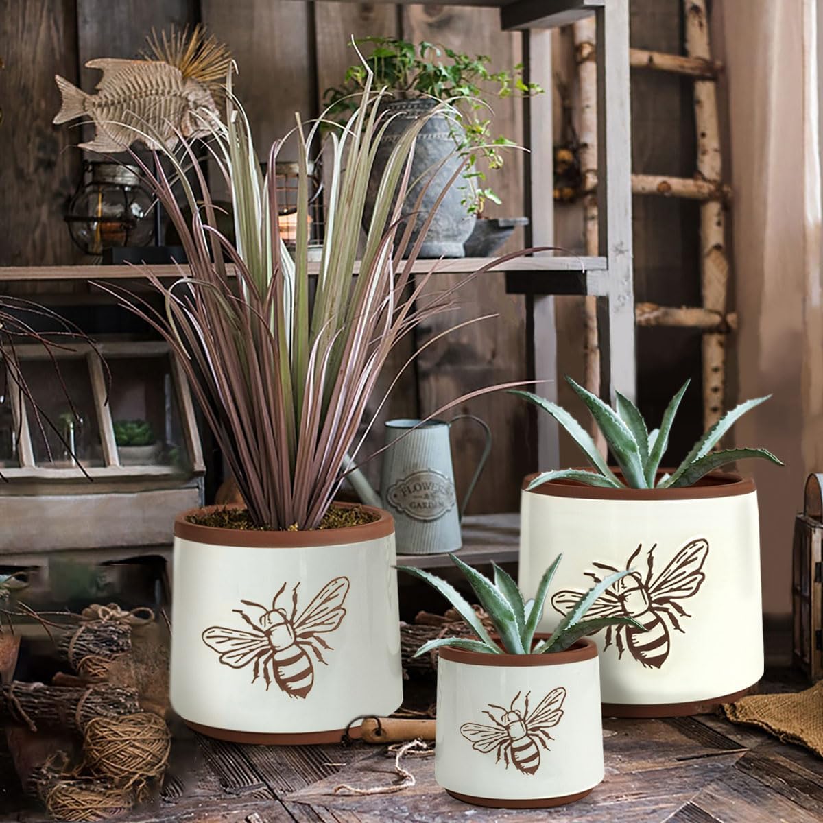 YBX Terracotta Pots / 8+6+4 Inch / White Bee