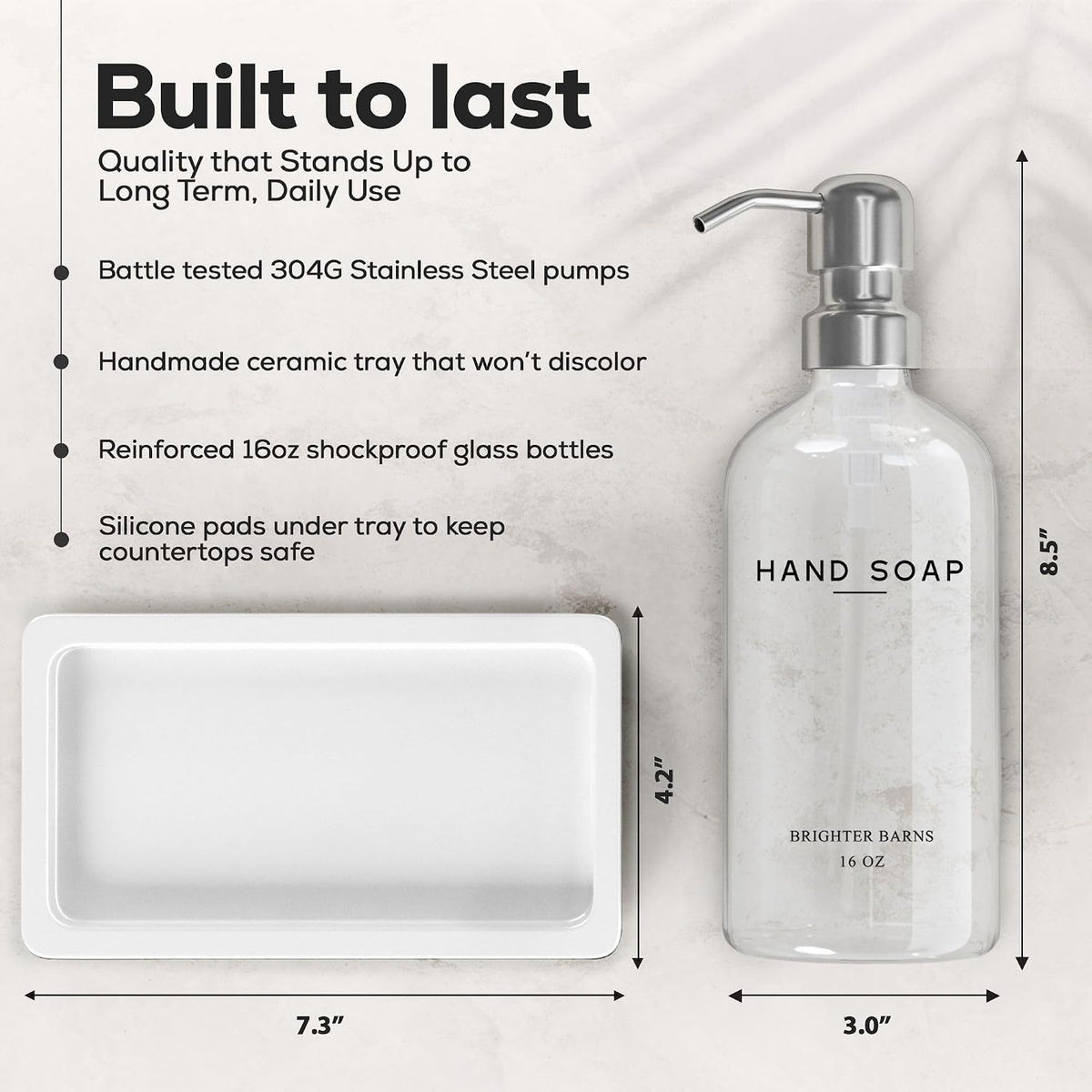 Glass Soap and Lotion Dispenser Set with Tray Set by Brighter Barns - Soap Dispenser Set with Stainless Steel Pump