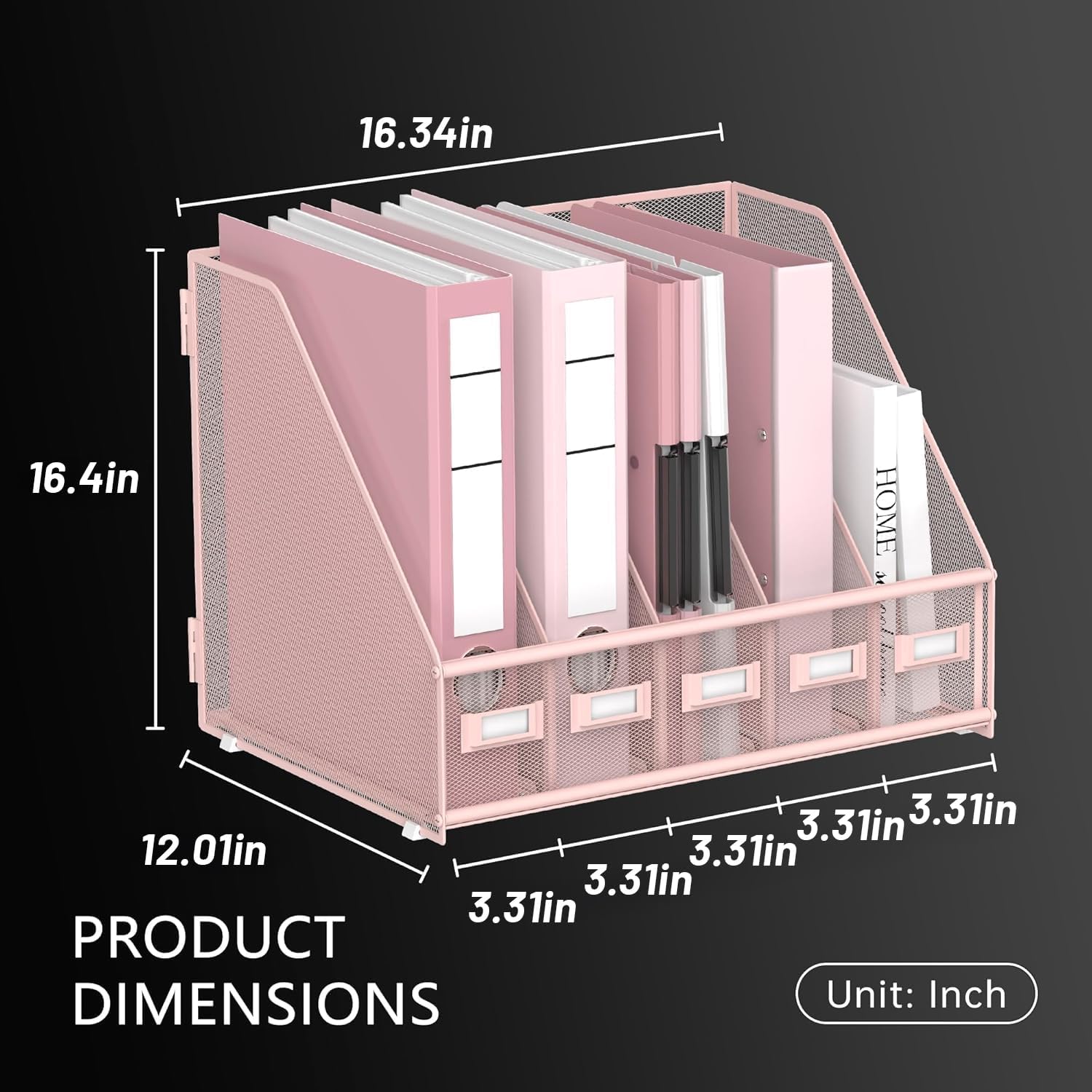 DALTACK 5-Slot Magazine File Holder, Metal Binder Holder, Pink | Iron Mesh Construction, Labeled Sections for Easy