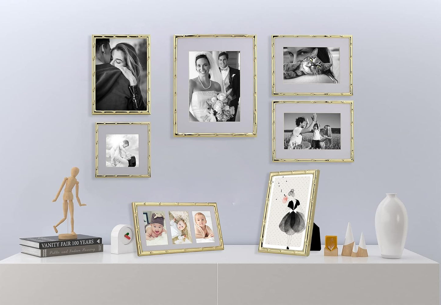 YiPinYin Gold 3-2x3'' Multi Bamboo Detail Designs Metal Picture Frame 3 Section Frame 2pack,Baby Nurse frames With Soft