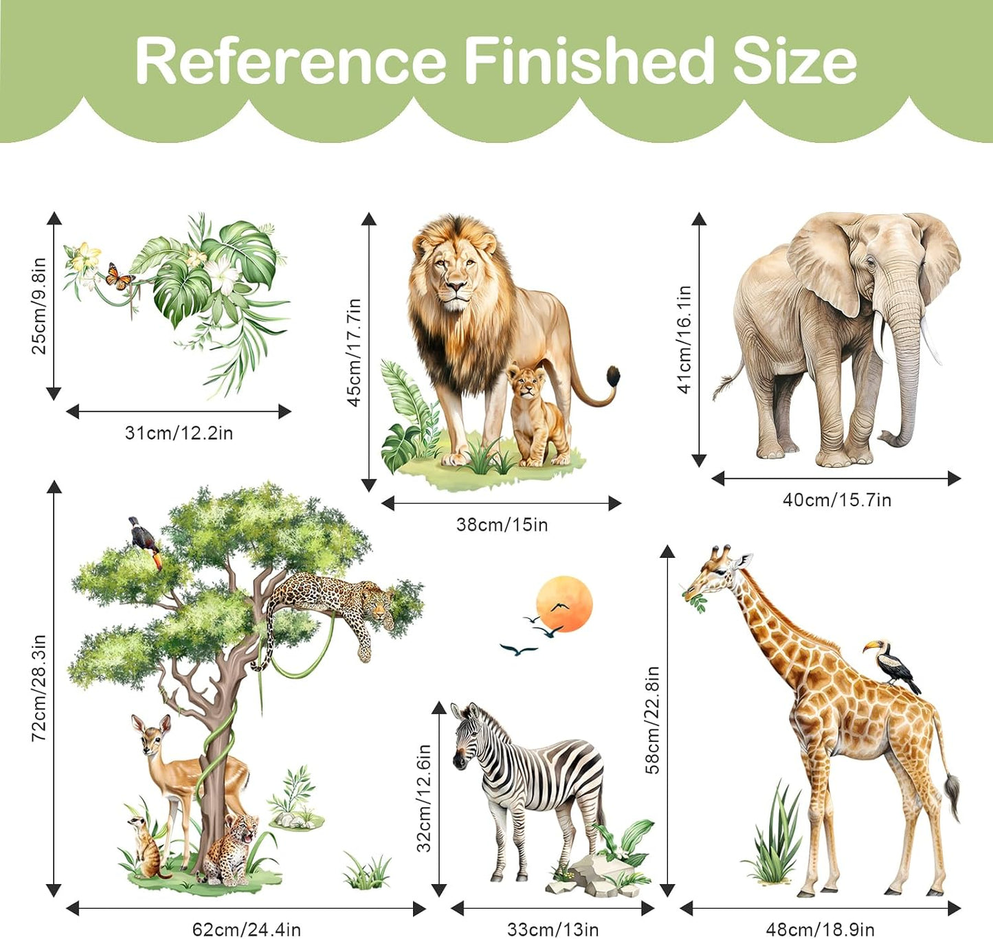 Large Safari Animals Tree Wall Stickers Jungle Animal Giraffe Elephant Lion Leopard Wall Decals Baby